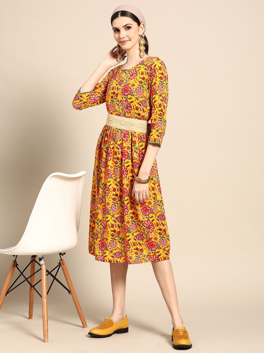 Sangria Mustard Yellow & Red Ethnic Motifs A-Line Dress Price in India