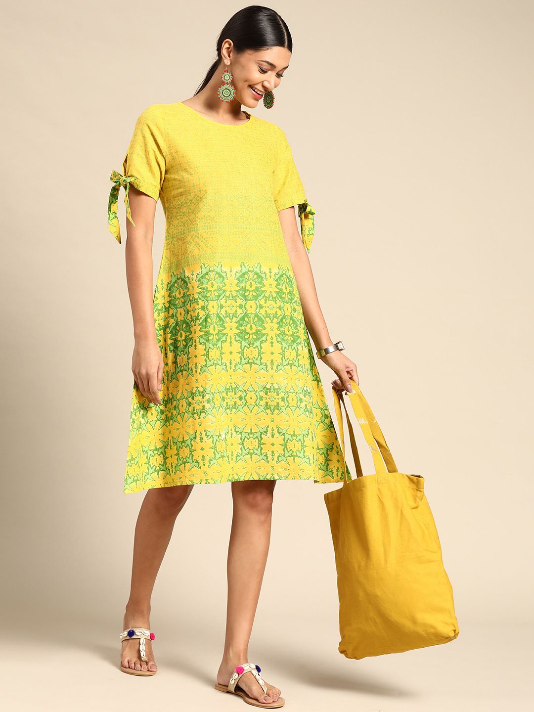 Sangria Women Yellow & Green Pure Cotton Printed A-Line Dress Price in India