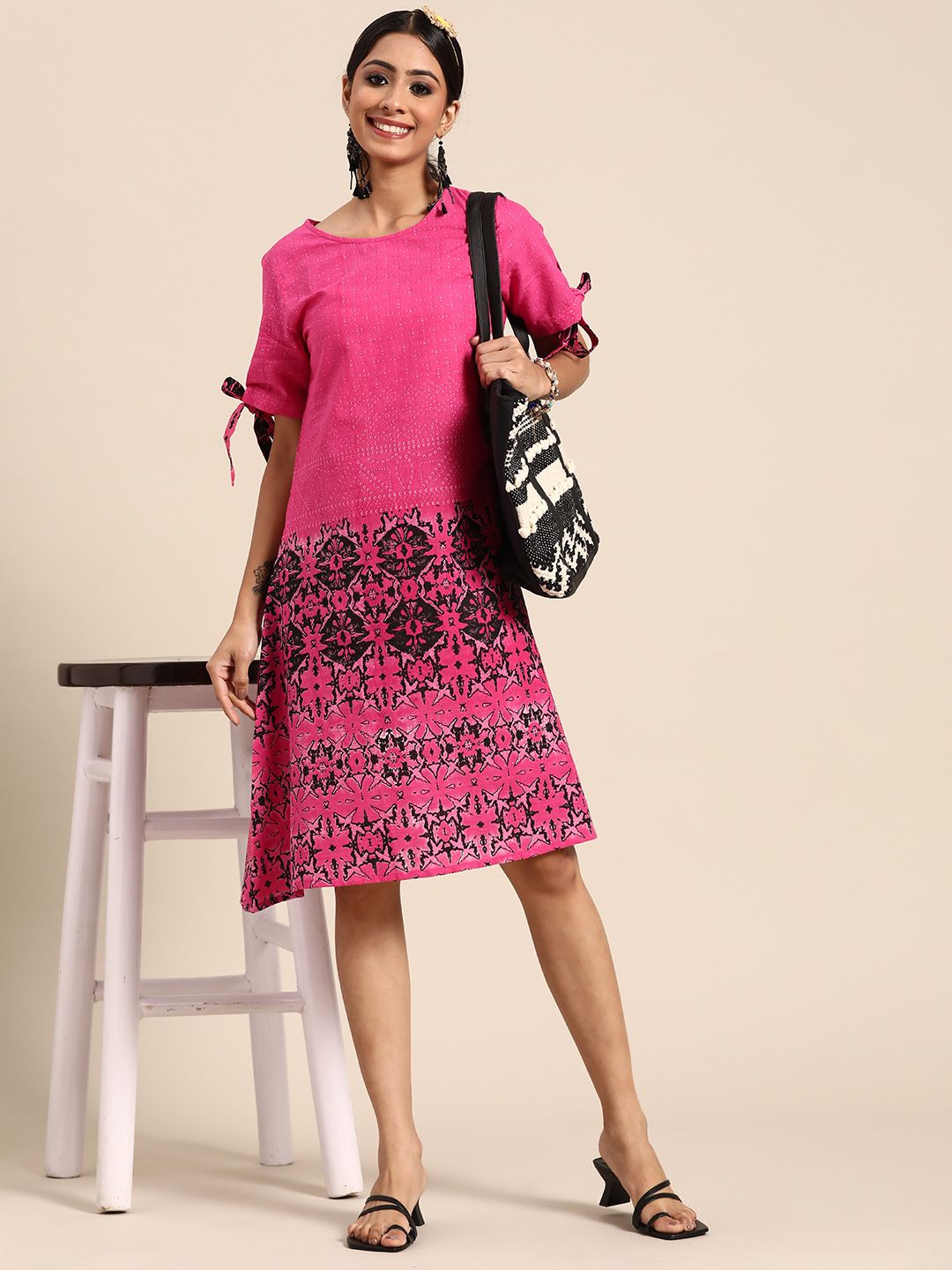 Sangria Pink & Black Ethnic Motifs Print Cotton A-Line Dress Price in India
