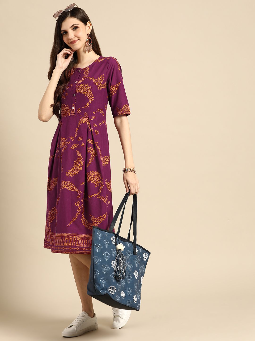 Sangria Women Purple & Mustard Yellow Printed Pure Cotton Ethnic Dress Price in India