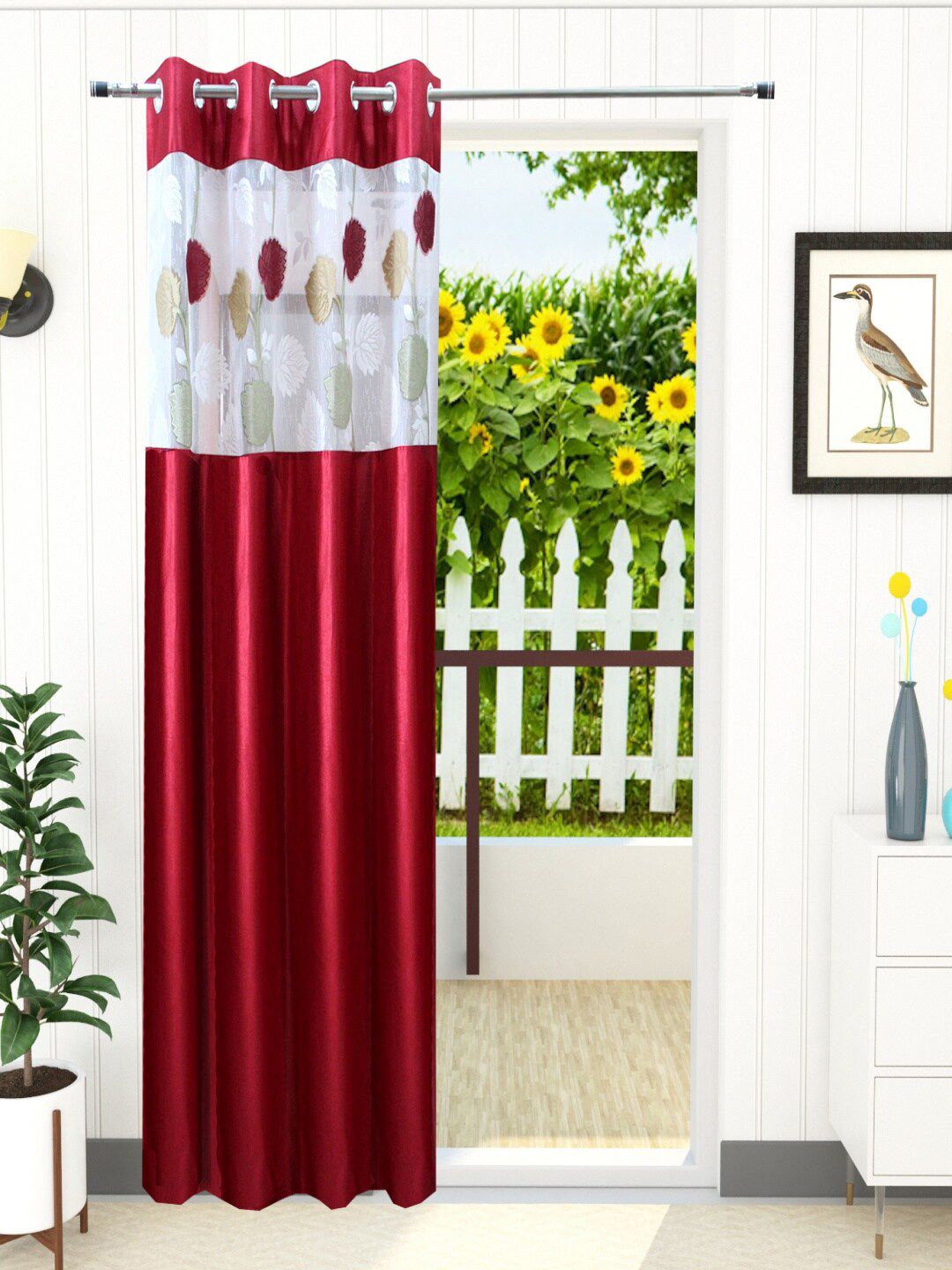 Homefab India Maroon & White Set of 2 Sheer Long Door Curtain Price in India