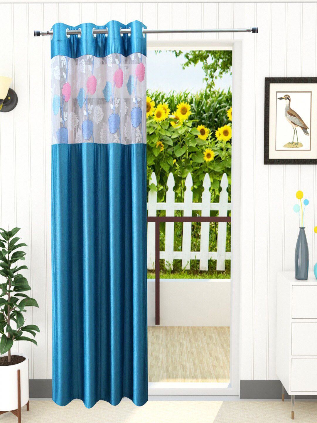 Homefab India Turquoise Blue & White Set of 2 Sheer Door Curtain Price in India