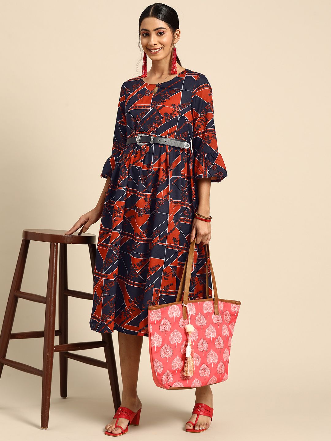 Sangria Women Navy Blue & Rust Orange Printed Bell Sleeves A-Line Ethnic Dress Price in India