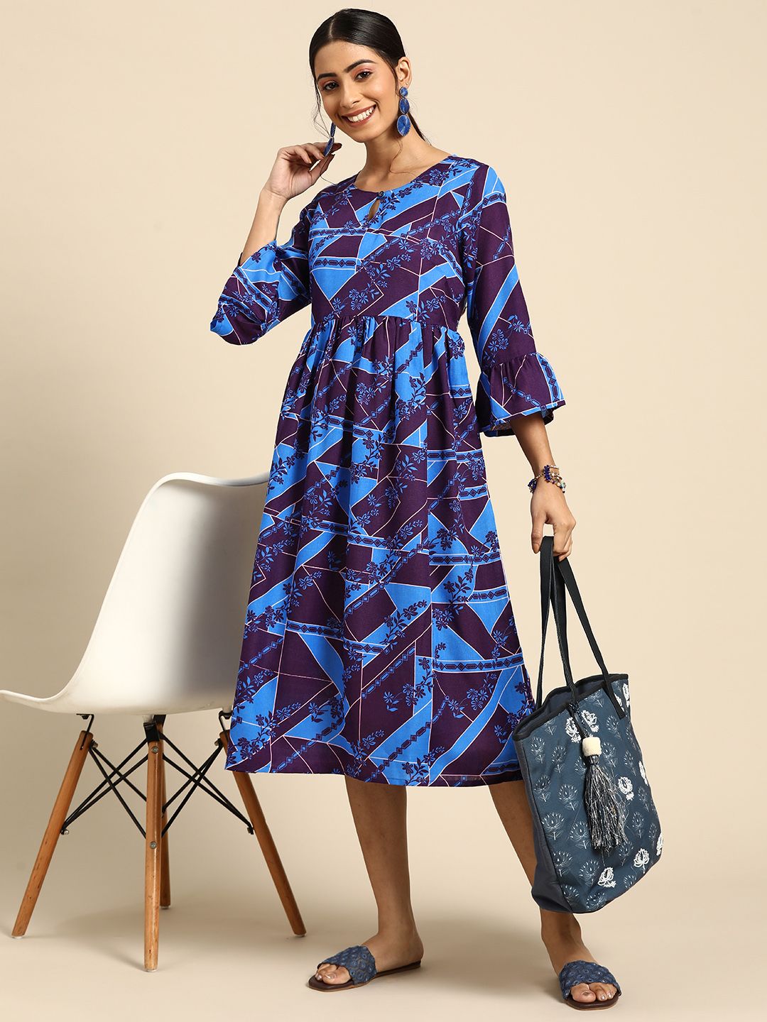 Sangria Women Blue & Purple Printed Bell Sleeves A-Line Ethnic Dress Price in India