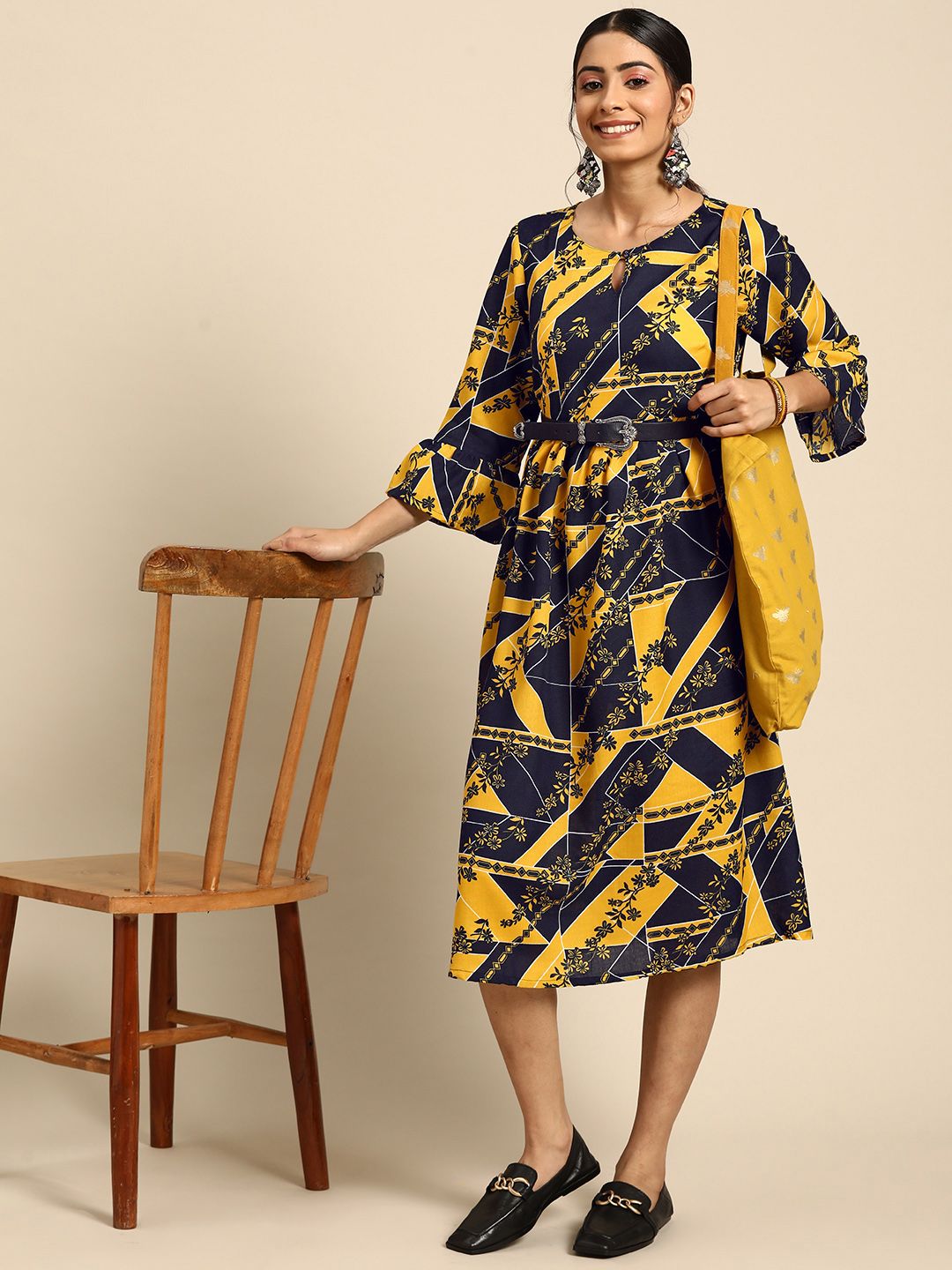 Sangria Women Navy Blue & Yellow Printed A-Line Ethnic Dress Price in India