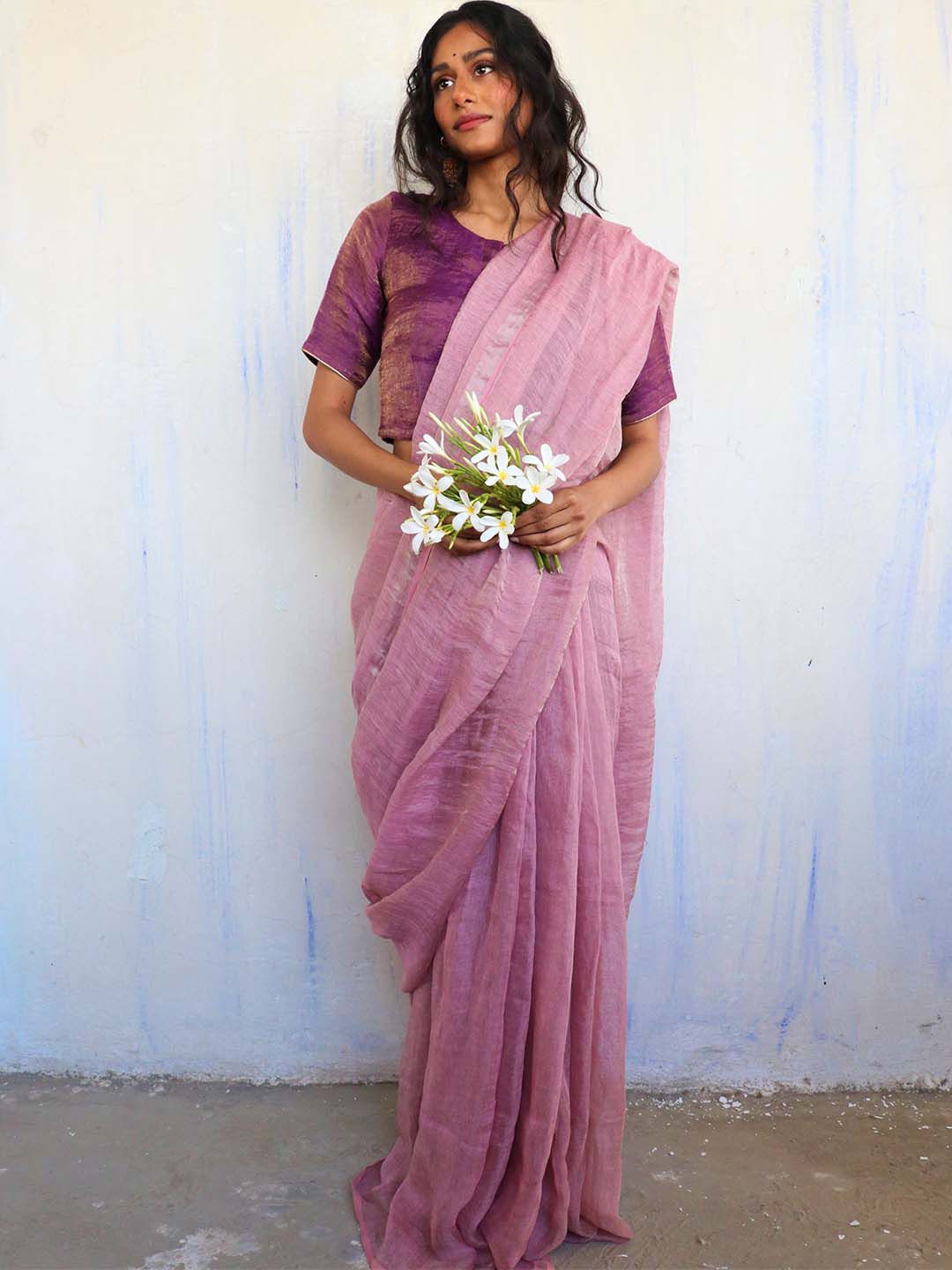 Chidiyaa Pink Pure Linen Saree Price in India