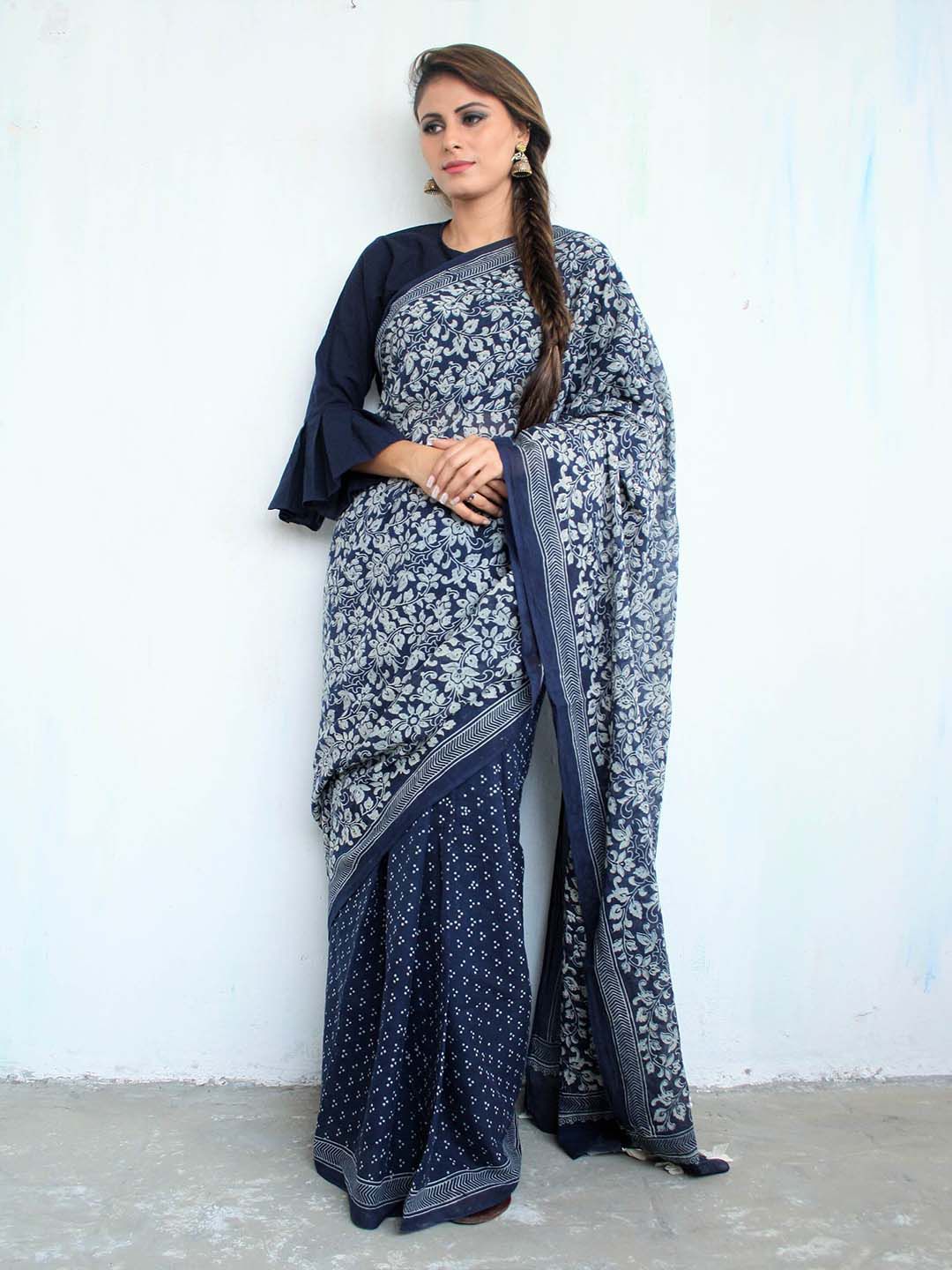 Chidiyaa Blue & White Floral Pure Cotton Saree Price in India