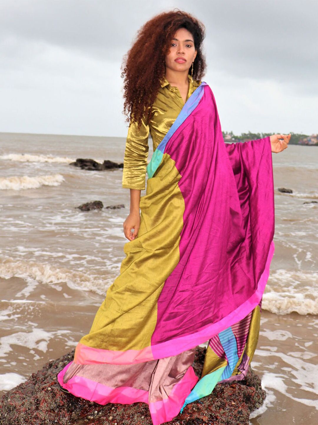 Chidiyaa Pink & Yellow Colourblocked Saree Price in India