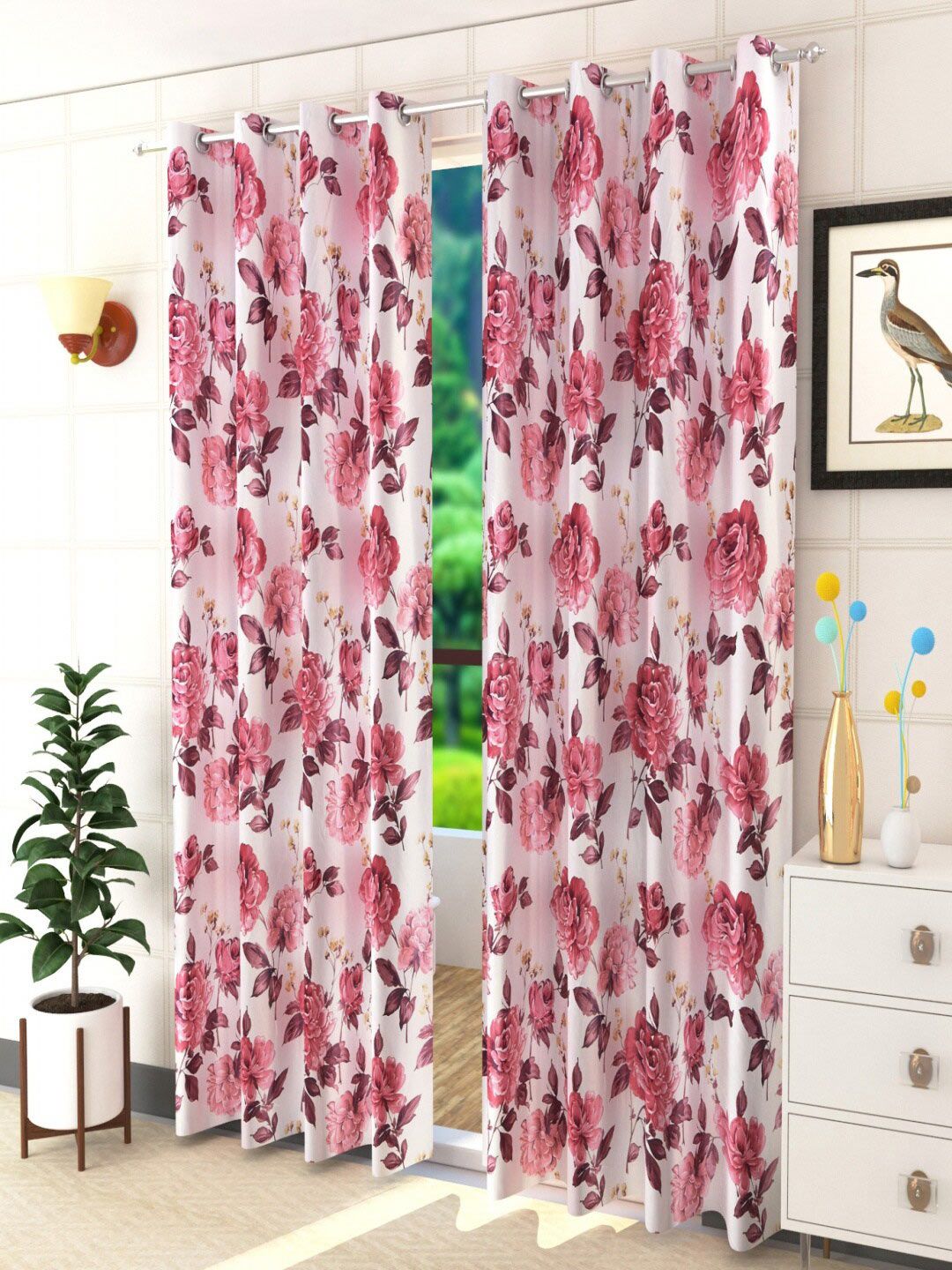 Homefab India Maroon & White Set of 2 Floral Room Darkening Window Curtain Price in India