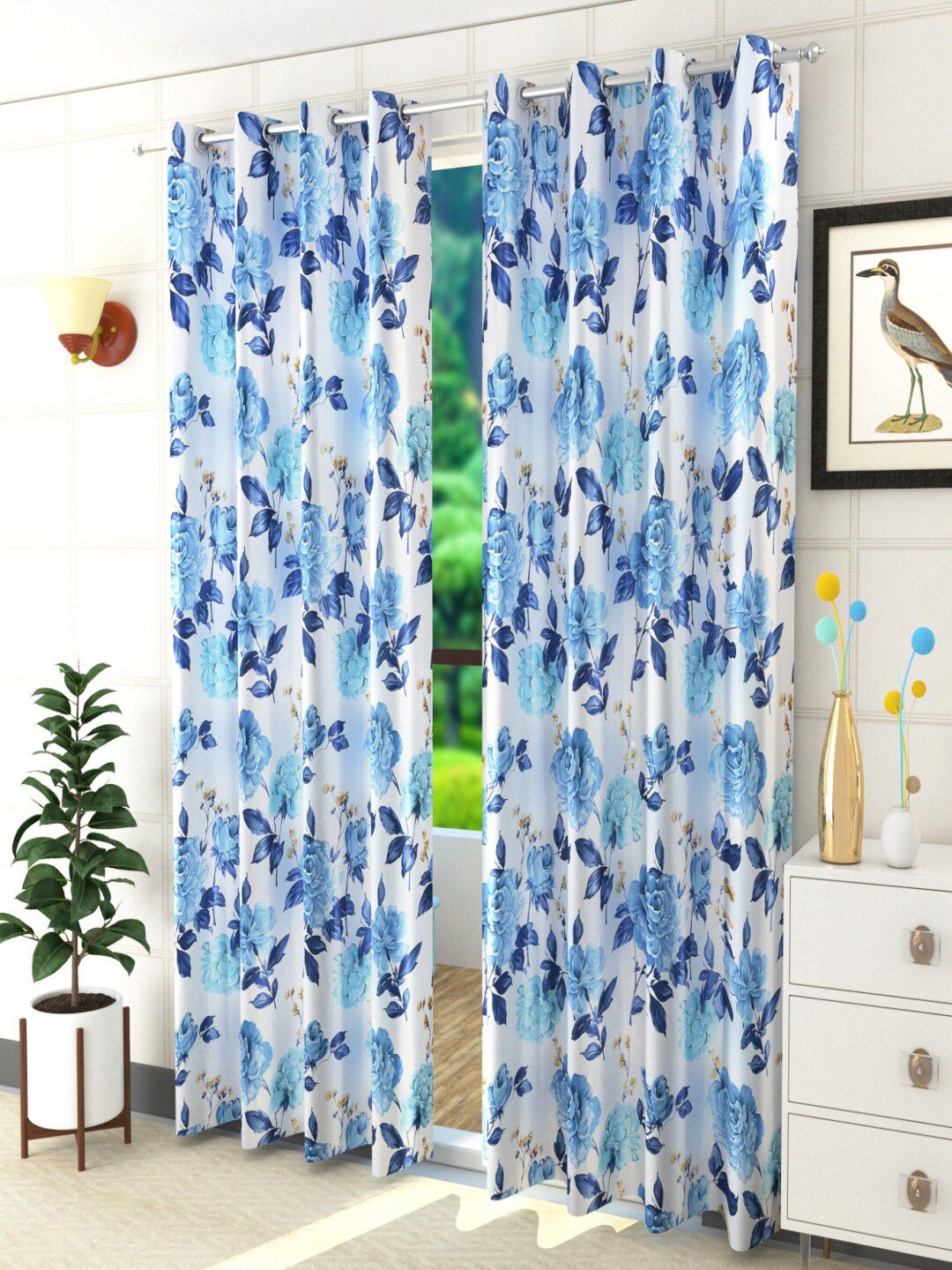 Homefab India Blue & White Set of 2 Floral Room Darkening Door Curtain Price in India