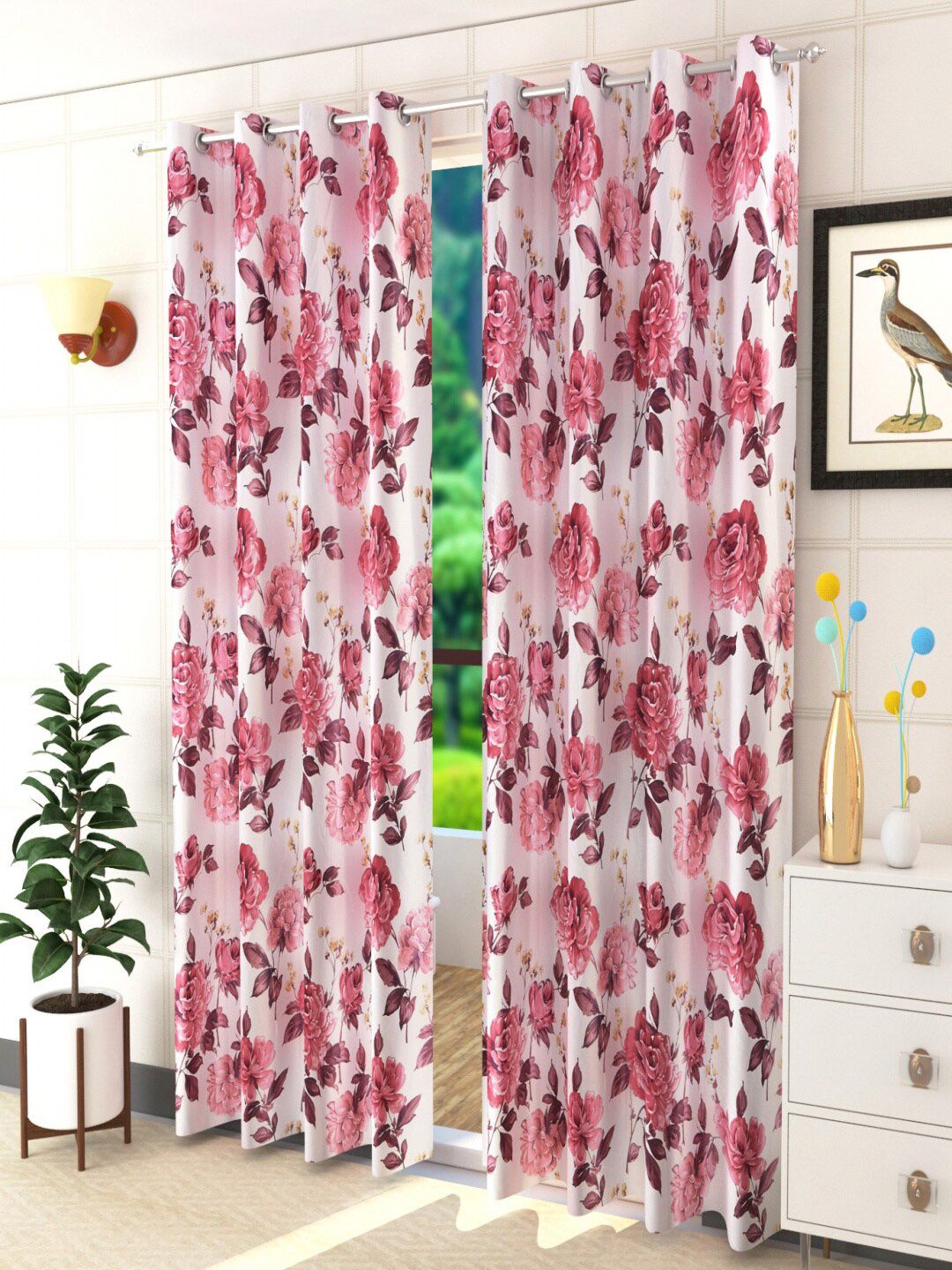 Homefab India Maroon & White Set of 2 Floral Room Darkening Long Door Curtain Price in India