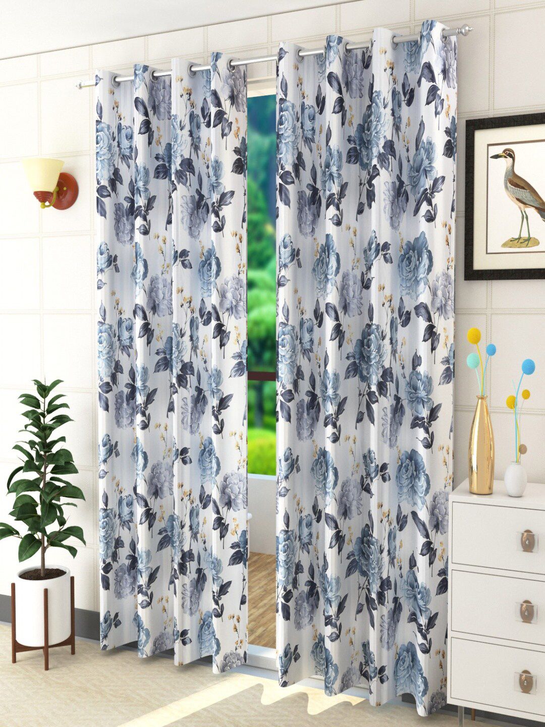 Homefab India Grey & Blue Set of 2 Floral Room Darkening Window Curtain Price in India
