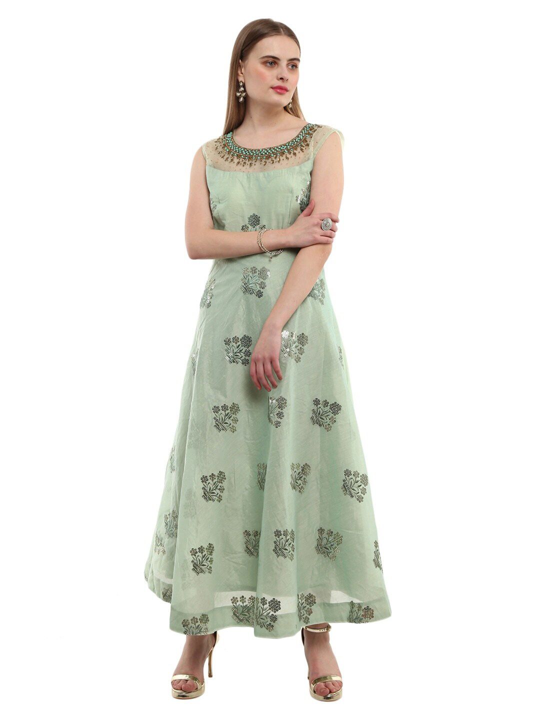 V-Mart Green Floral Embellished  Ethnic Maxi Dress Price in India