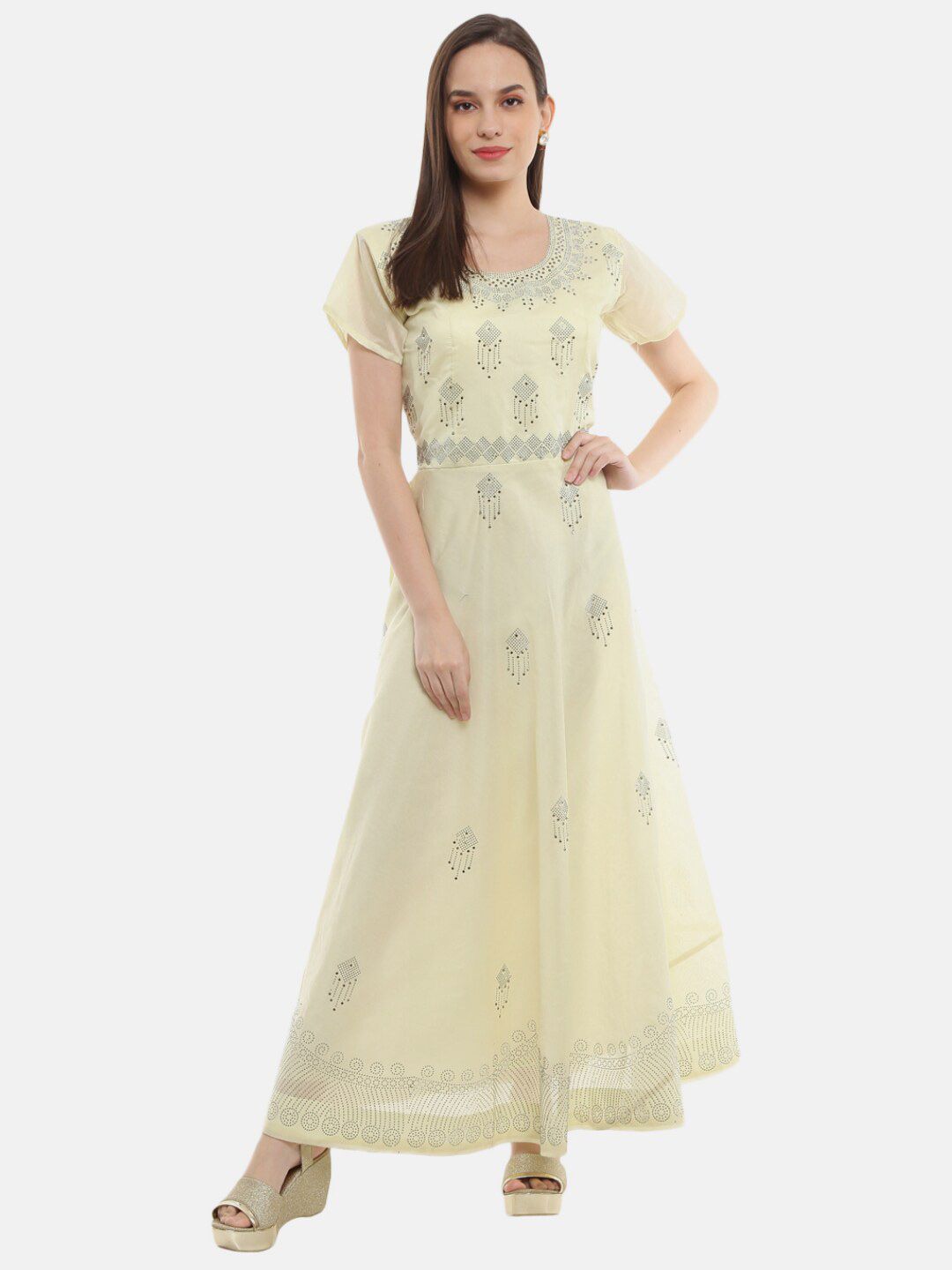 V-Mart Beige Embellished Satin Ethnic Maxi Dress Price in India