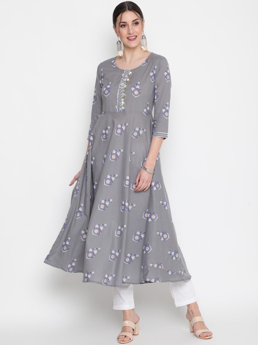 GLAM ROOTS Women Grey Floral Printed Floral Anarkali Kurta Price in India