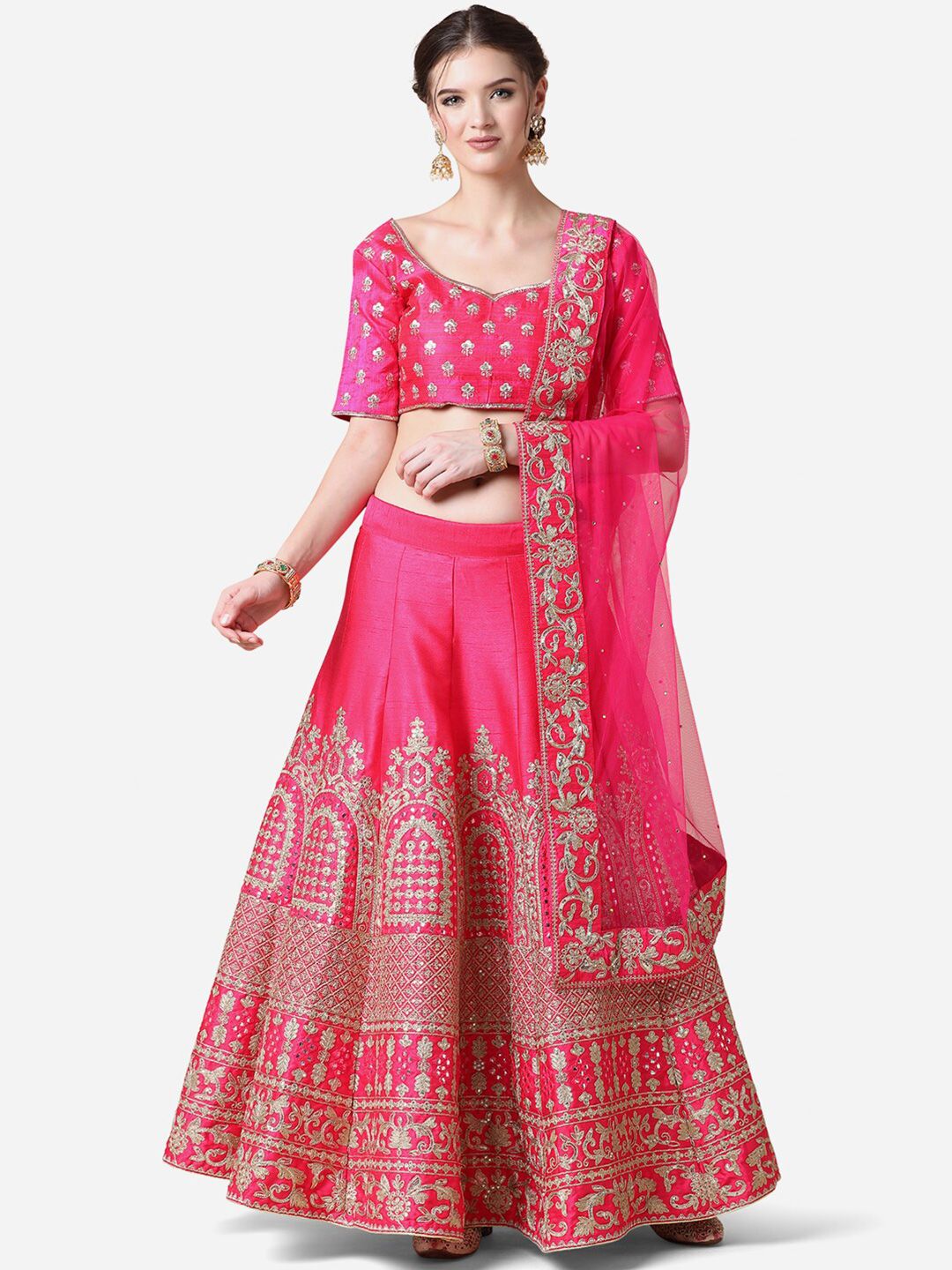 Cloth's Villa Pink Embellished Semi-Stitched Lehenga & Unstitched Blouse With Dupatta Price in India