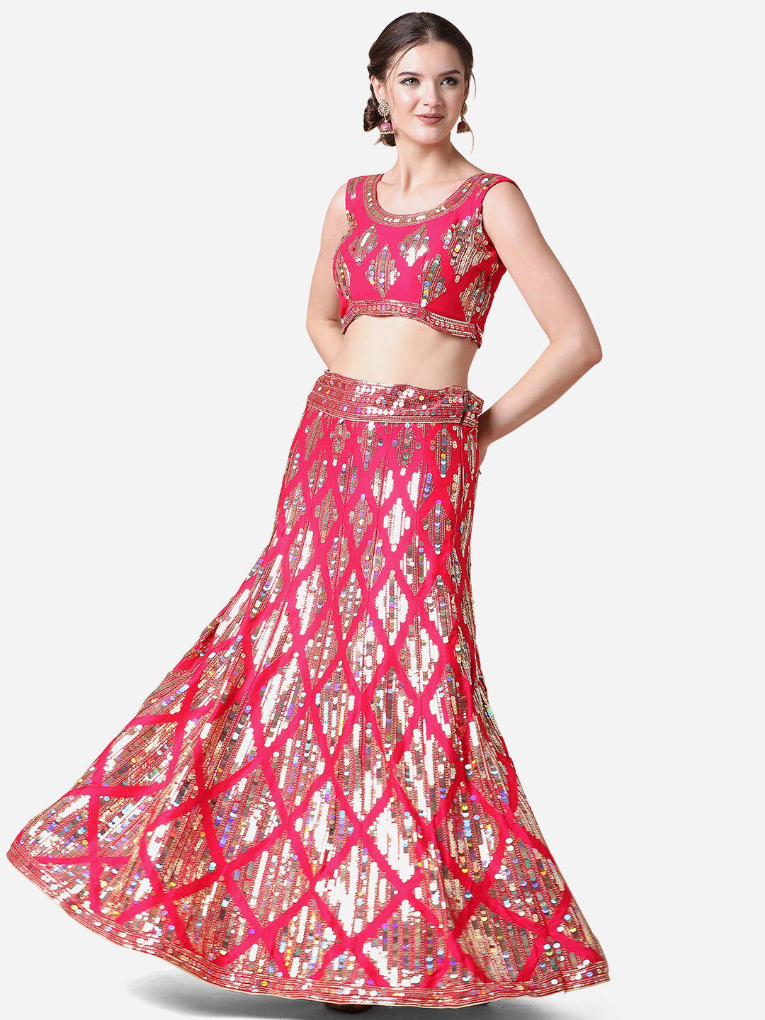 Cloth's Villa Pink Embellished Semi-Stitched Lehenga & Unstitched Blouse With Dupatta Price in India