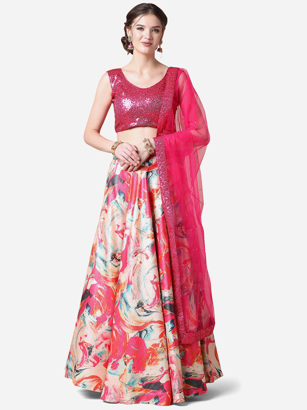 Cloth's Villa Pink Embellished Semi-Stitched Lehenga & Unstitched Blouse With Dupatta Price in India