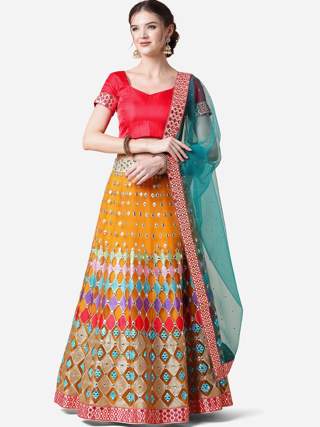 Cloth's Villa Yellow & Blue Semi-Stitched Lehenga & Unstitched Blouse With Dupatta Price in India