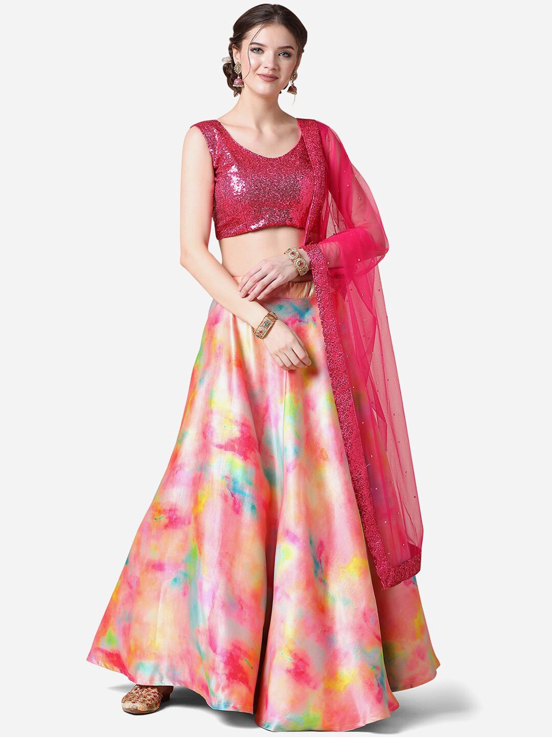 Cloth's Villa Pink & Green Semi-Stitched Lehenga & Unstitched Blouse With Dupatta Price in India