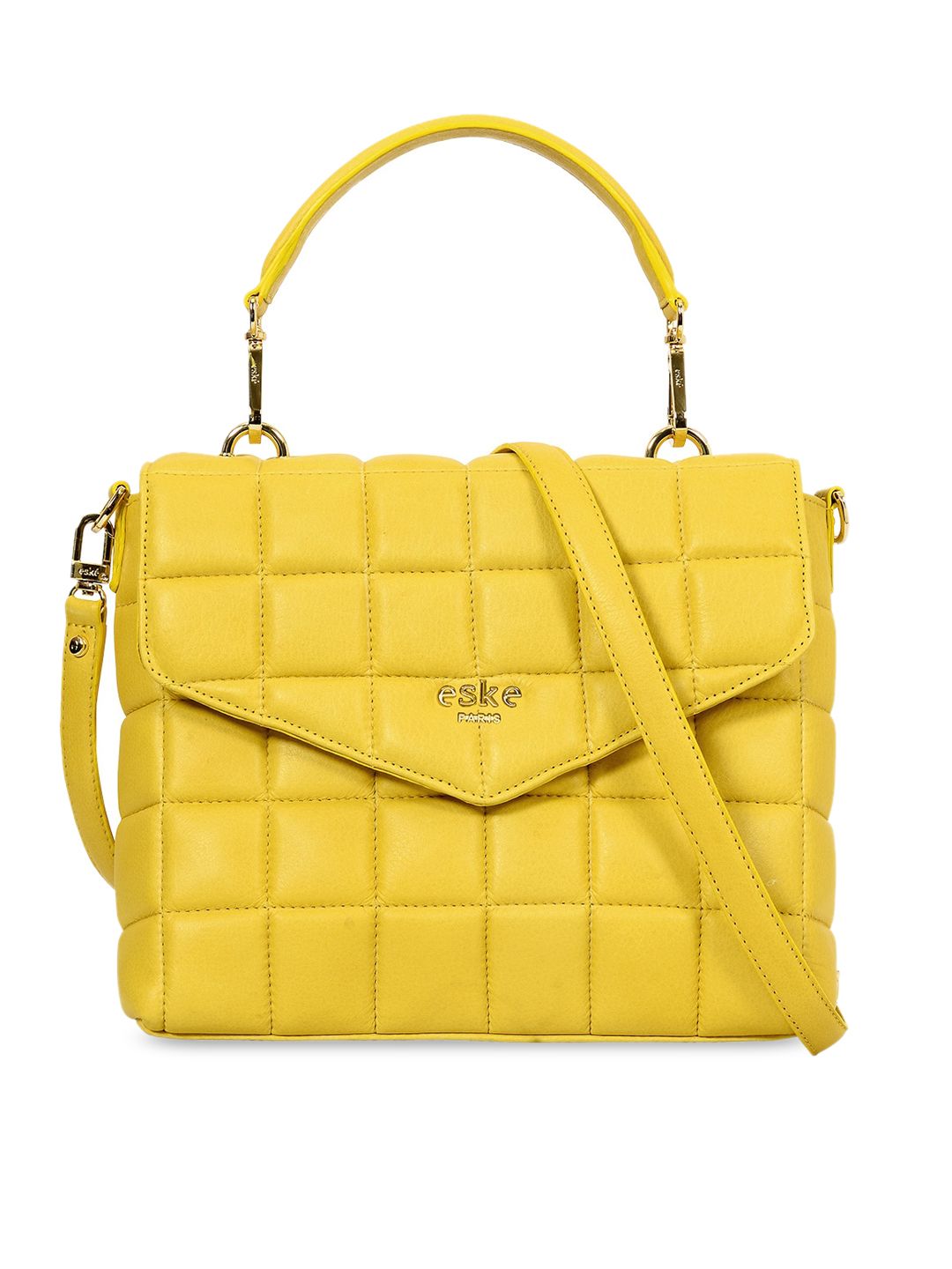 Eske Yellow Leather Structured Satchel with Quilted Price in India