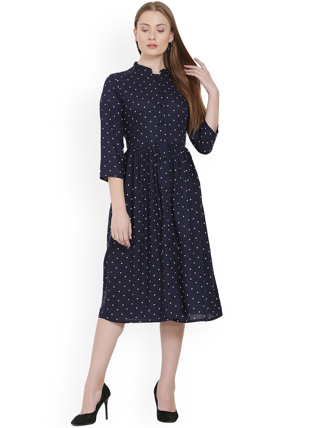 BLUE CHIC Navy Blue & White Mandarin Collar Polka Dot Fit & Flare Dress Price in India