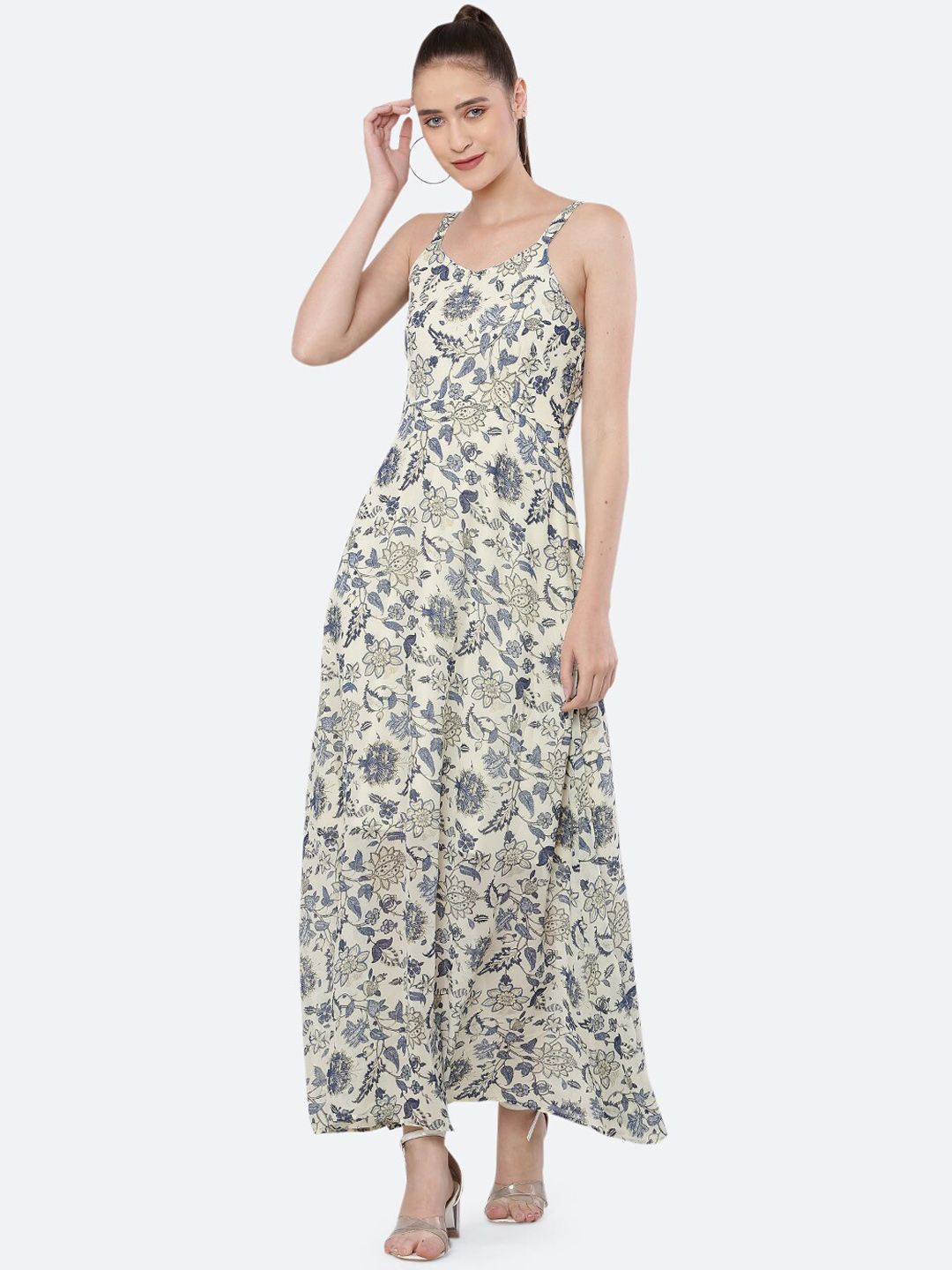 BLUE CHIC Cream-Coloured & Blue Floral Georgette Maxi Dress Price in India