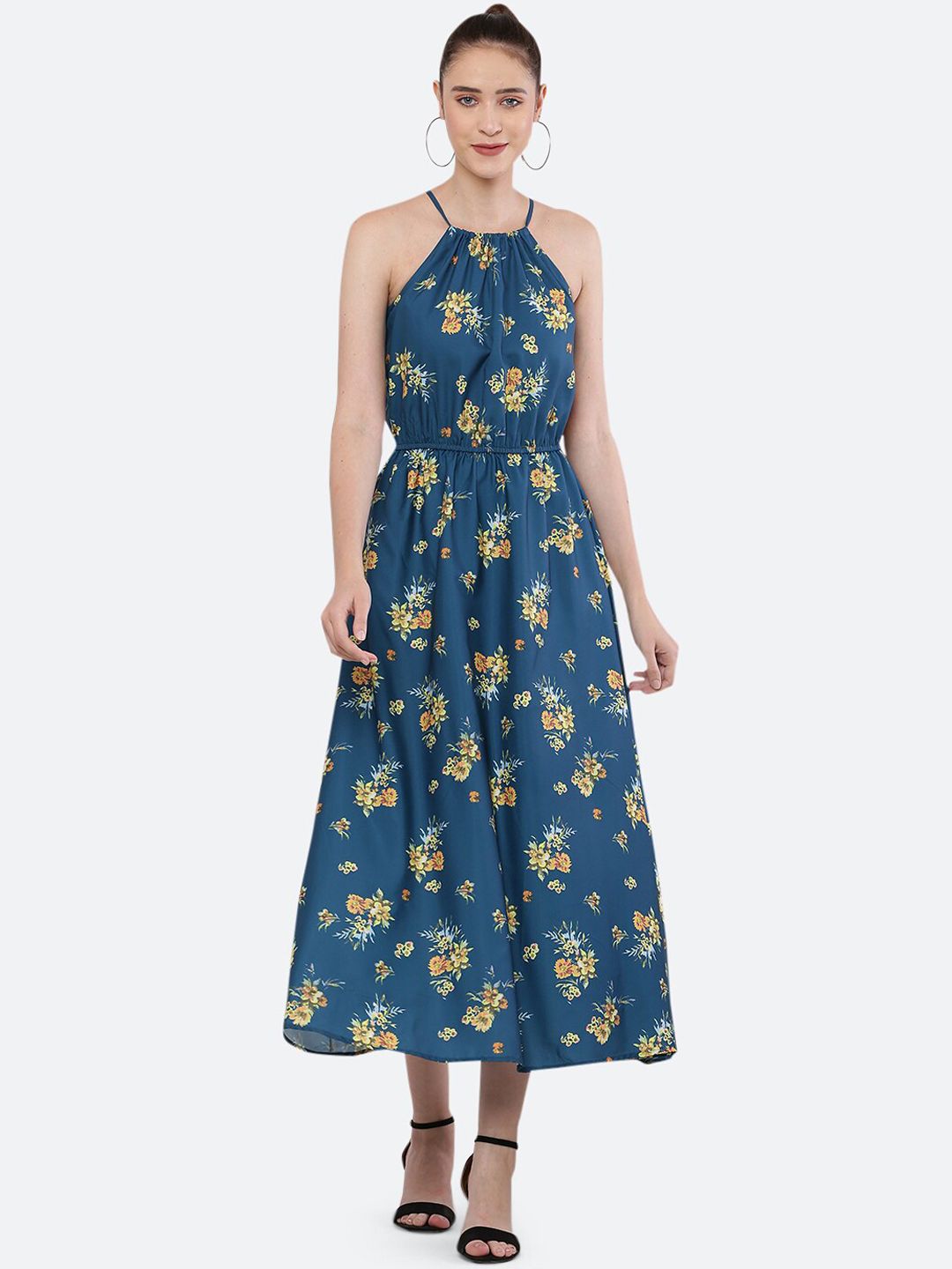 BLUE CHIC Women Blue & Yellow Floral Halter Neck  Dress Price in India