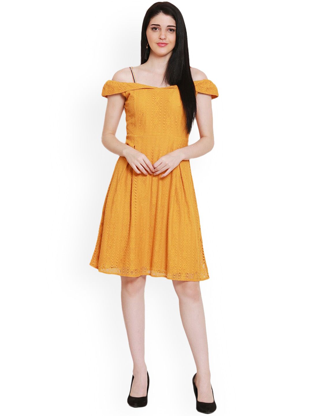 BLUE CHIC Women Mustard Yellow Off-Shoulder Dress Price in India