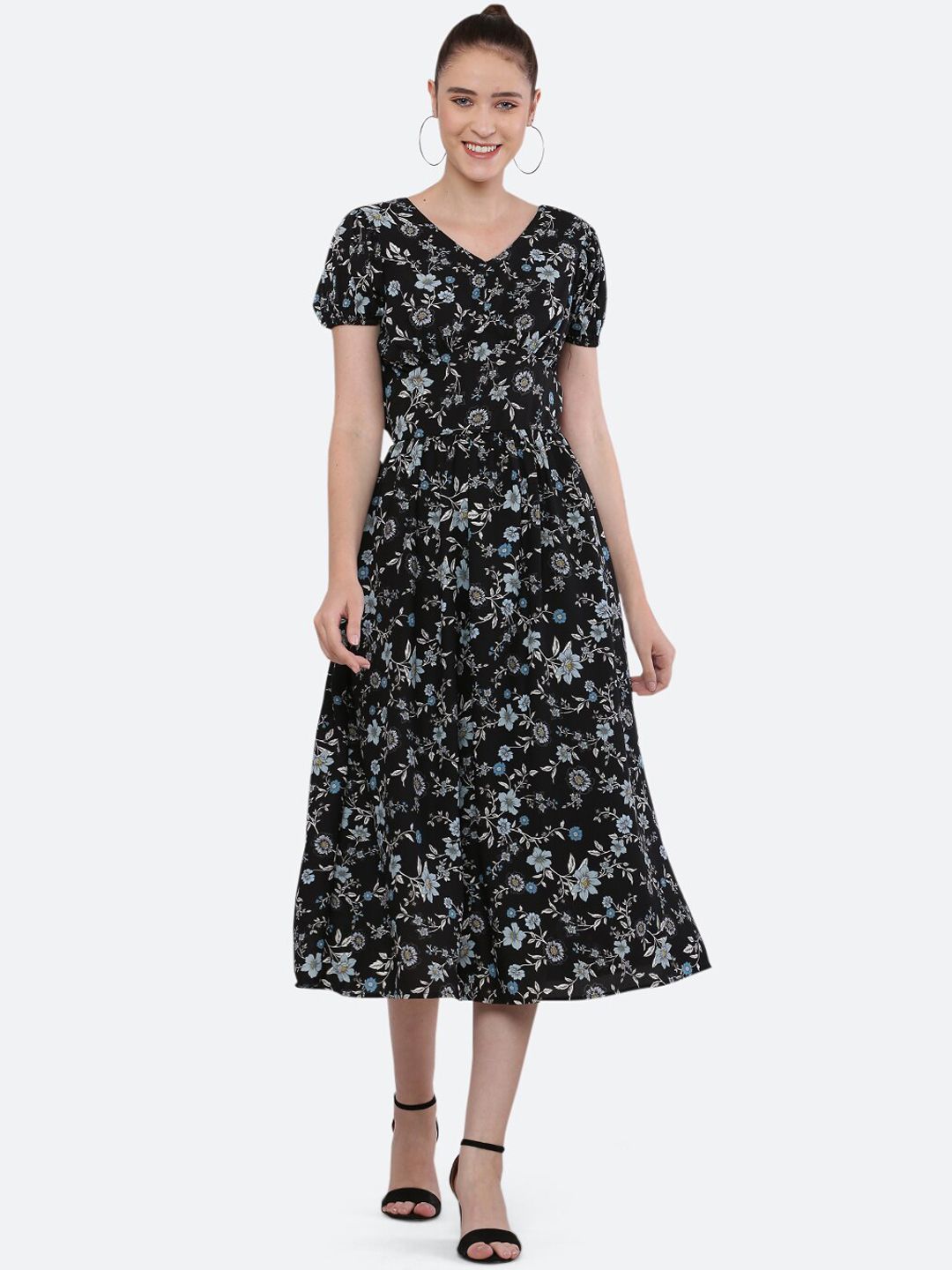 BLUE CHIC Black & Blue Floral Crepe Midi Dress Price in India