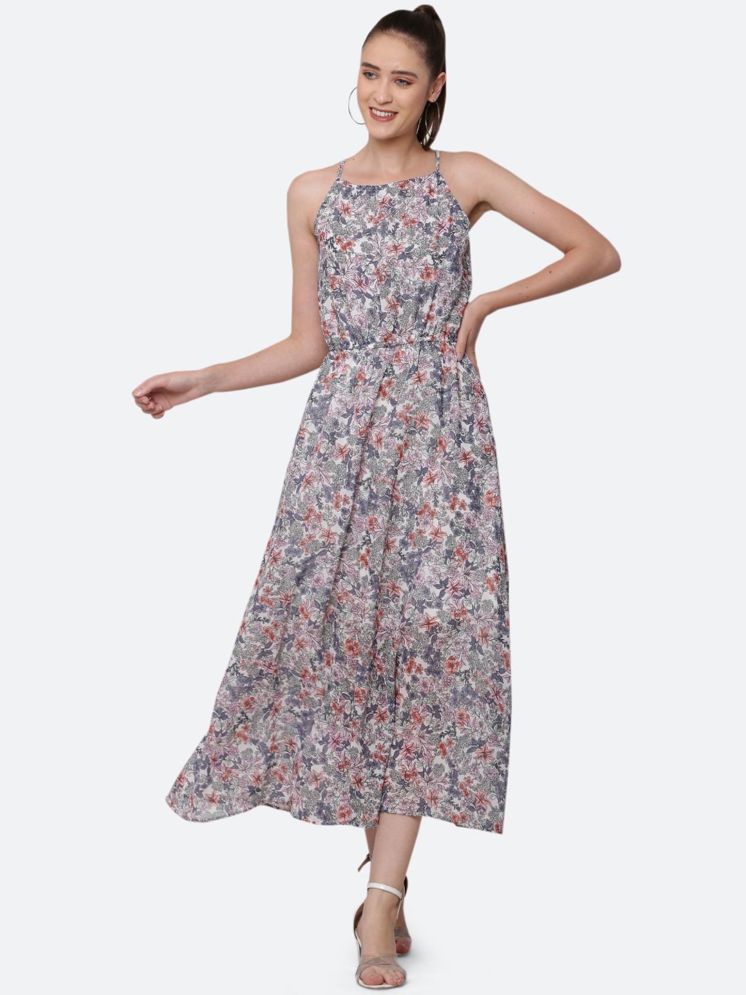 BLUE CHIC Off White & Pink Floral Georgette Midi Dress Price in India