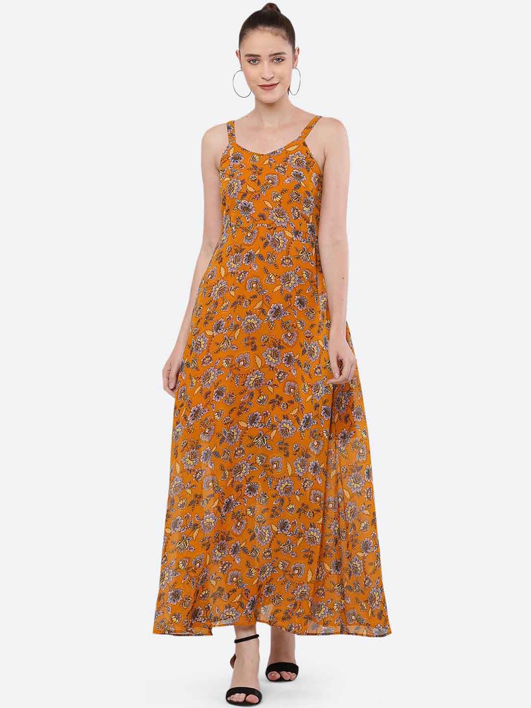 BLUE CHIC Mustard Yellow & Grey Floral Georgette A-Line Maxi Dress Price in India