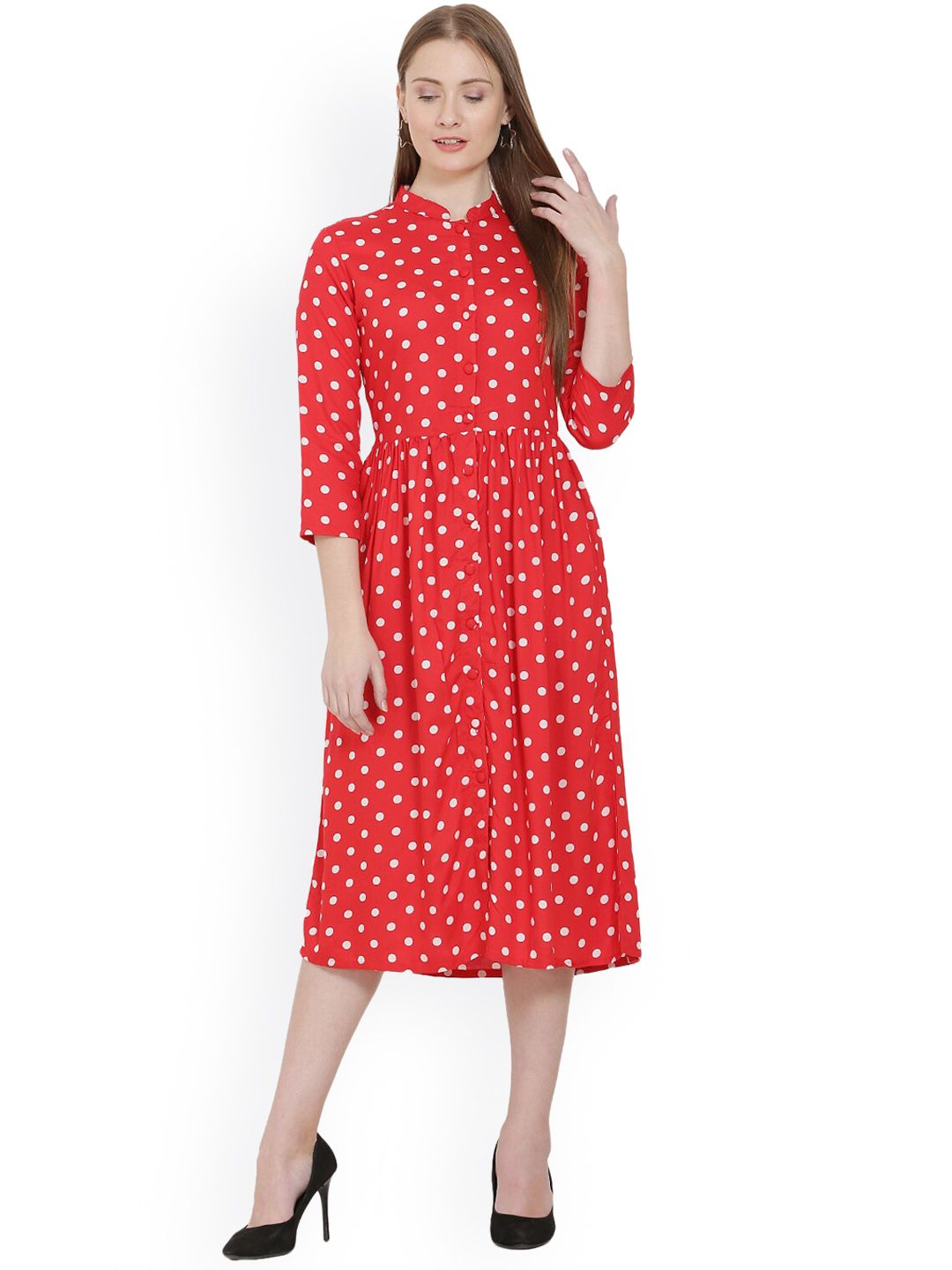 BLUE CHIC Coral Orange Polka Dot Print Cotton Fit & Flare Dress Price in India