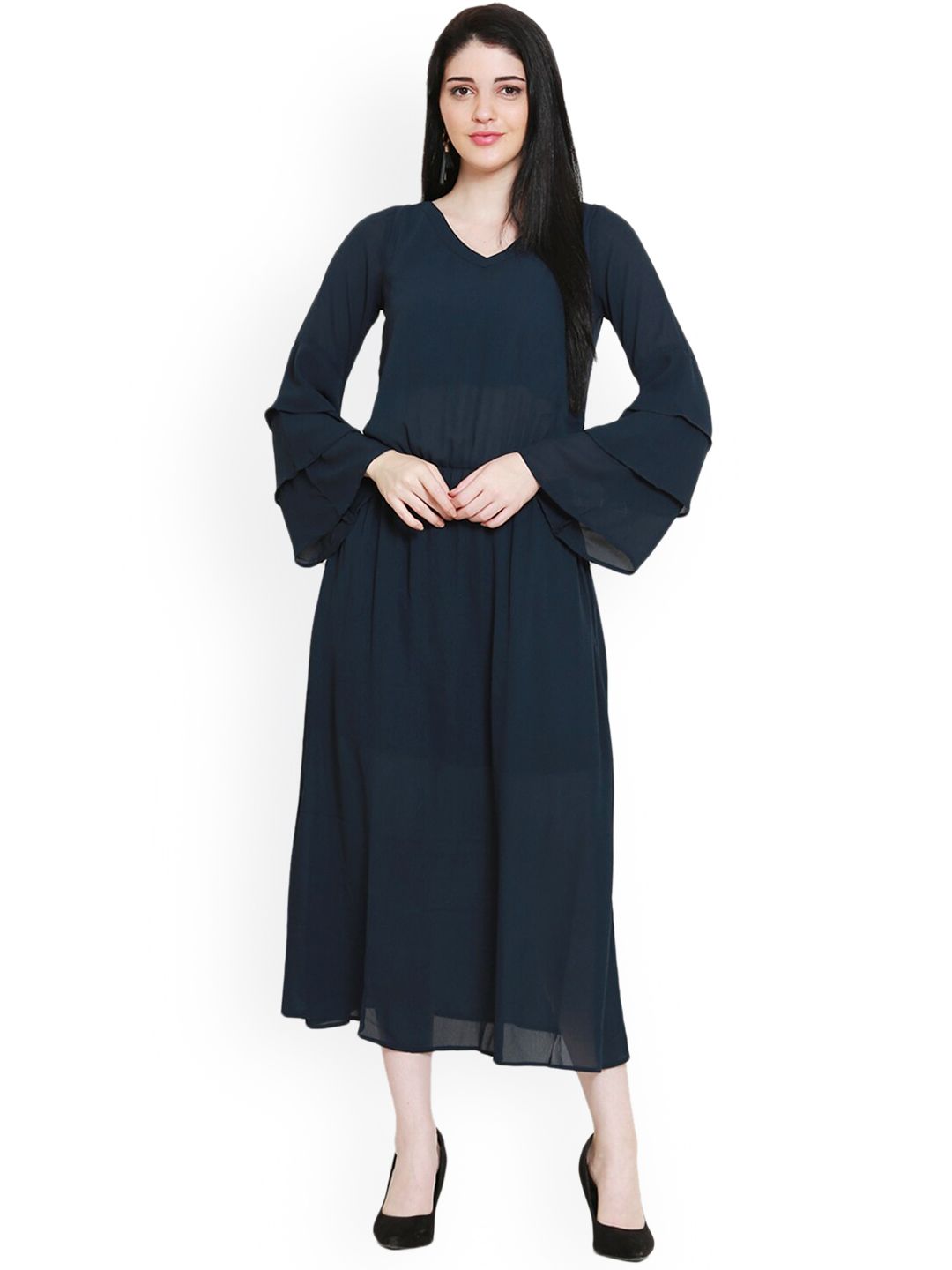 BLUE CHIC Women Navy Blue Solid V-neck Layered Fit & Flare Dress Price in India