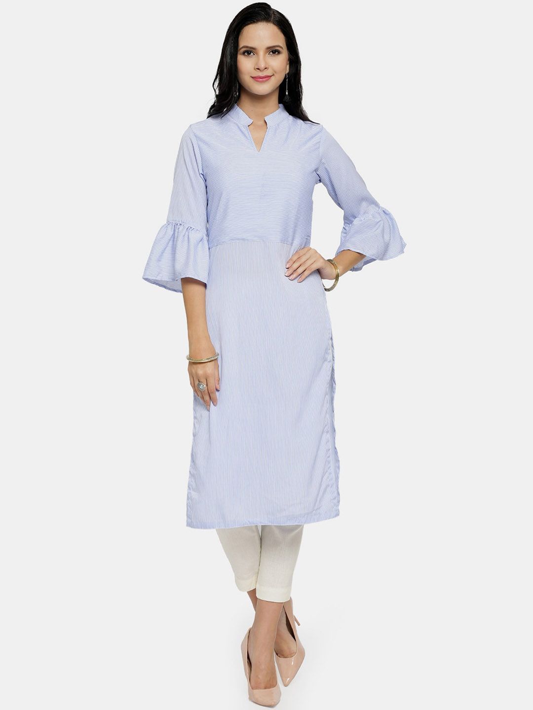 Aarsha Women Blue Striped Bell Sleeves Crepe Kurta Price in India