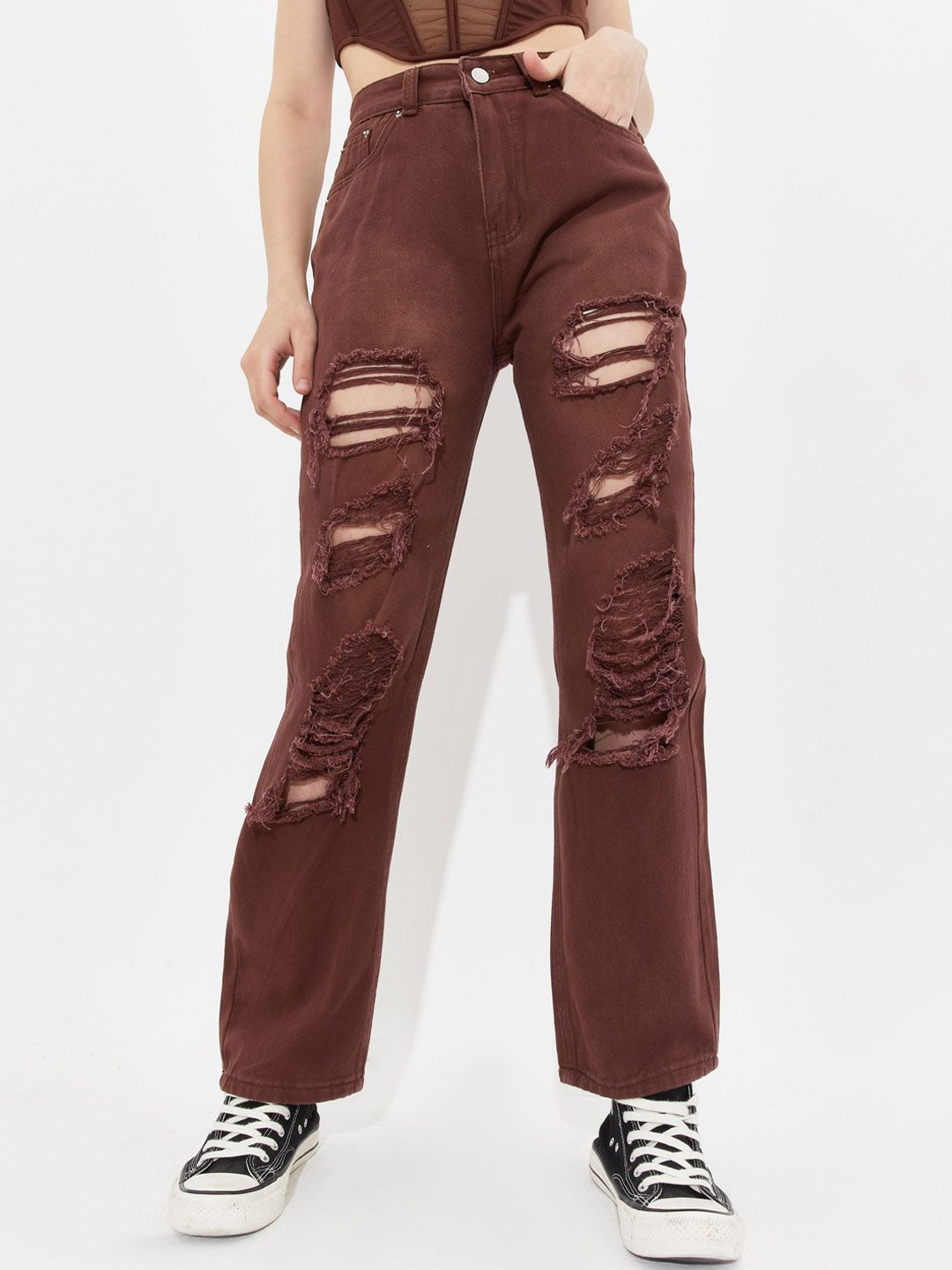 URBANIC Women Brown Highly Distressed Straight Leg Jeans Price in India