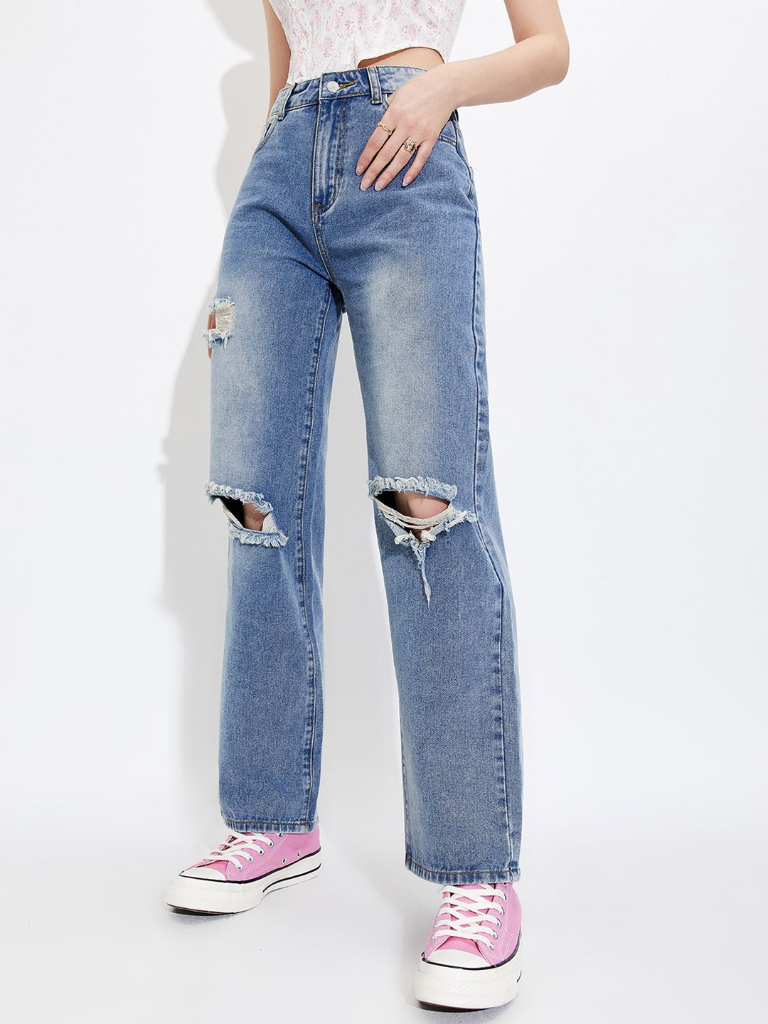 URBANIC Women Blue Mildly Distressed Heavy Fade Jeans Price in India