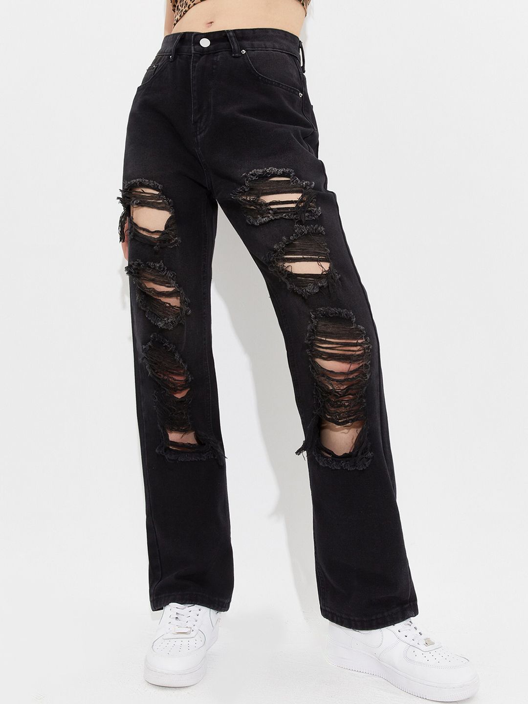 URBANIC Women Black Highly Distressed Ripped Straight Leg  Jeans Price in India