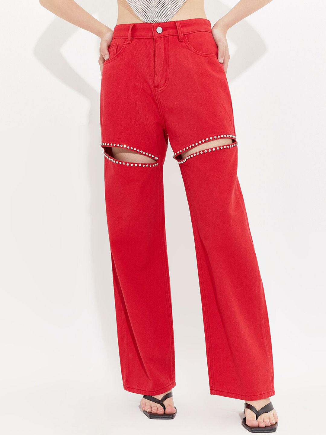 URBANIC Women Red Slash Knee Wide Leg Jeans Price in India