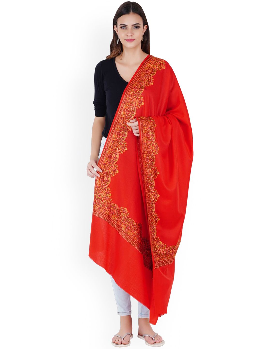 MUFFLY Red Printed Pure Wool Shawl Price in India