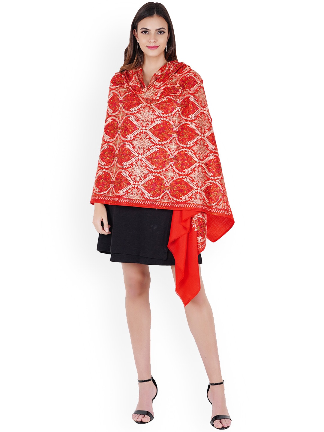MUFFLY Red Nalki Embroidery Pashmina Woolen Shawl Price in India