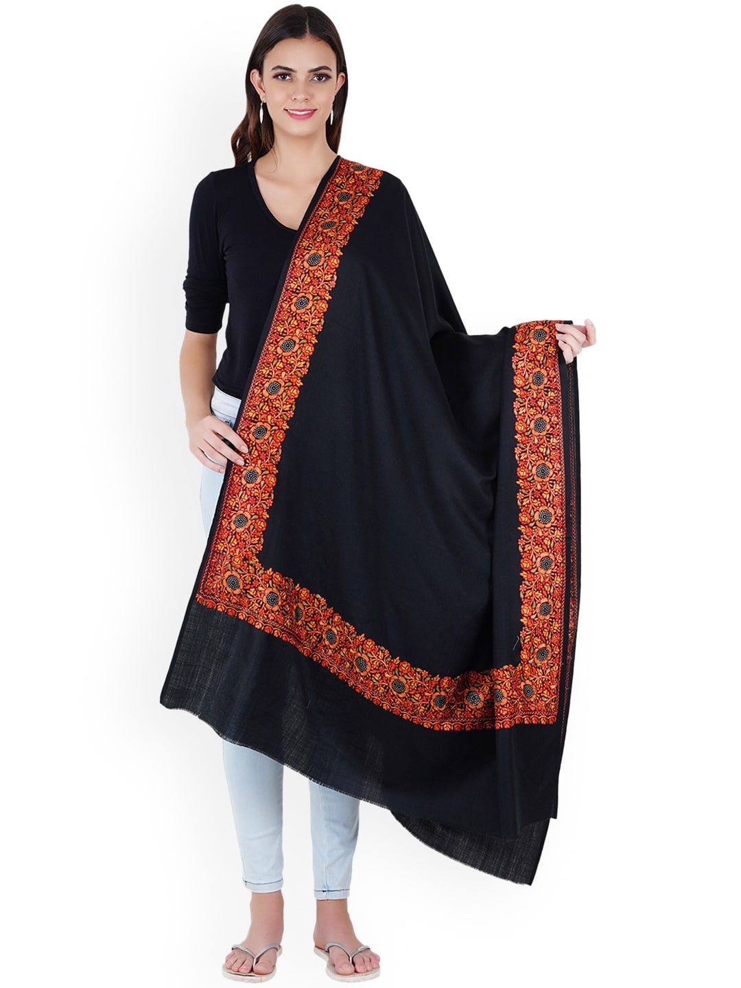 MUFFLY Black & Orange Embroidered Woolen Shawl Price in India
