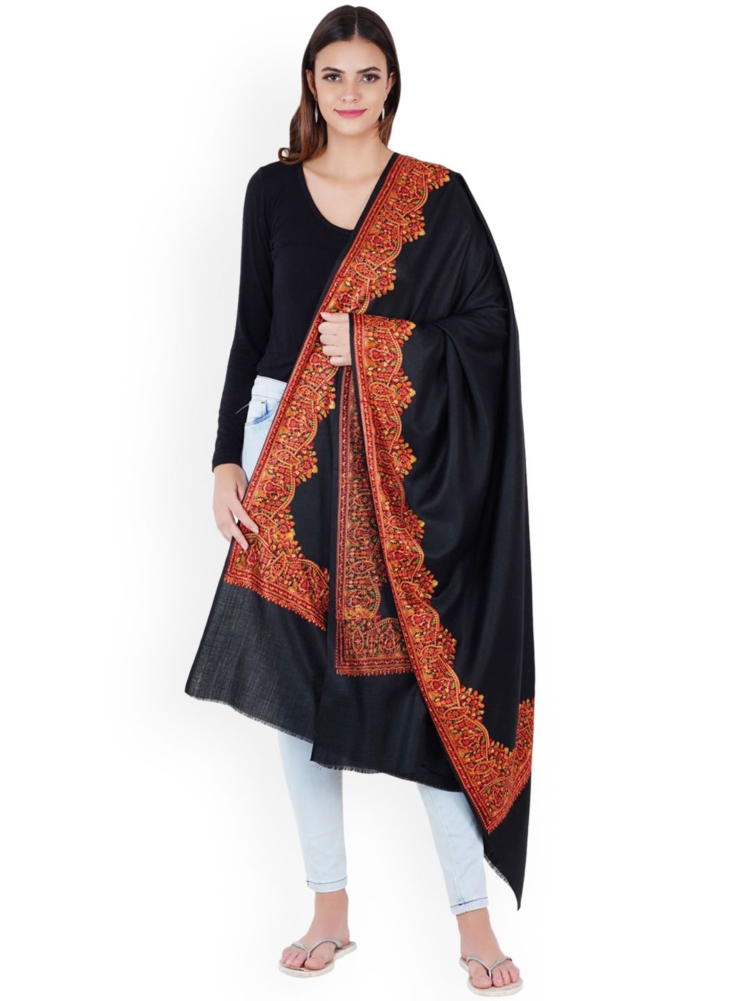 MUFFLY  Black & Red Embroidered Wool Shawl Price in India
