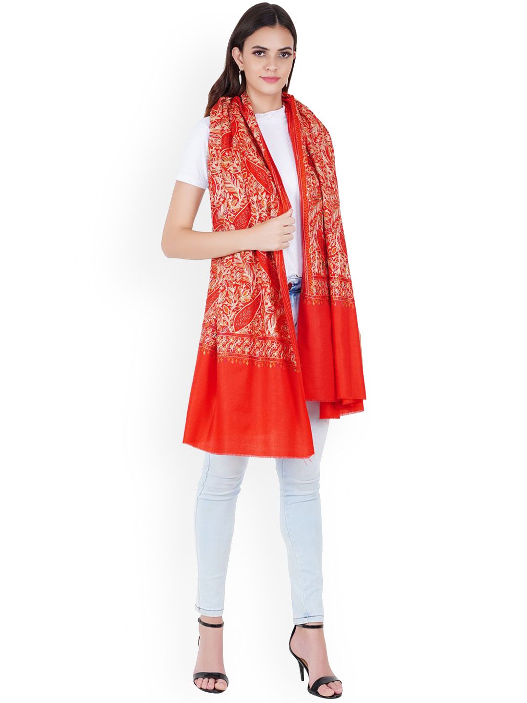 MUFFLY Red Nalki Embroidery Pashmina Woolen Shawl Price in India