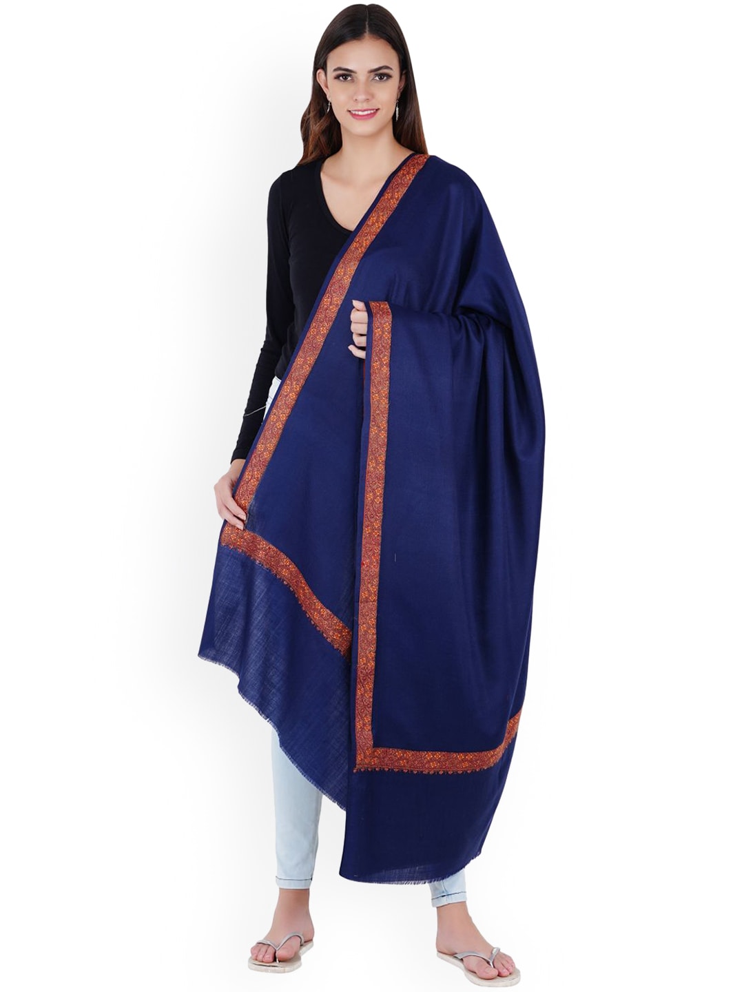MUFFLY Blue Embroidered Woolen Shawl Price in India