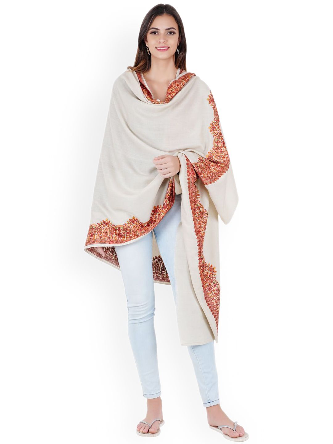 MUFFLY Off-White & Red Embroidered Shawl Price in India