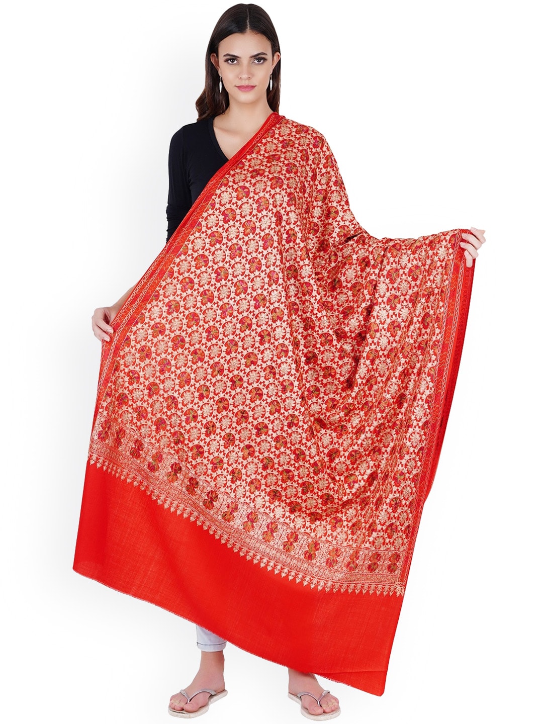 MUFFLY Red Embroidered Woolen Shawl Price in India