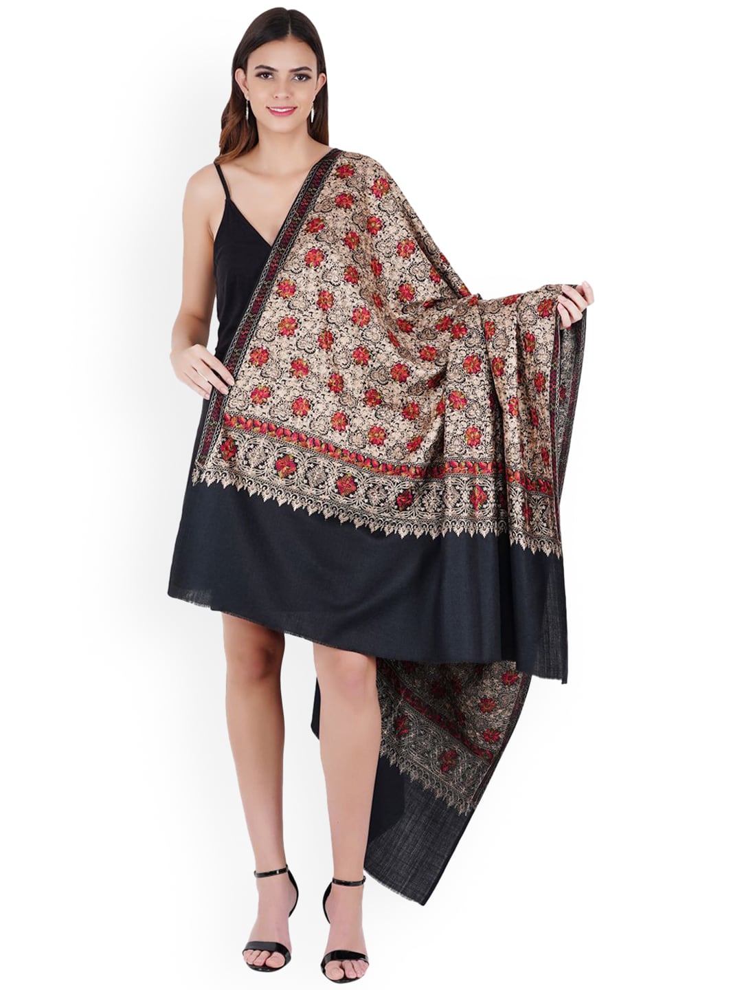 MUFFLY Black Nalki Embroidery Pashmina Woolen Shawl Price in India