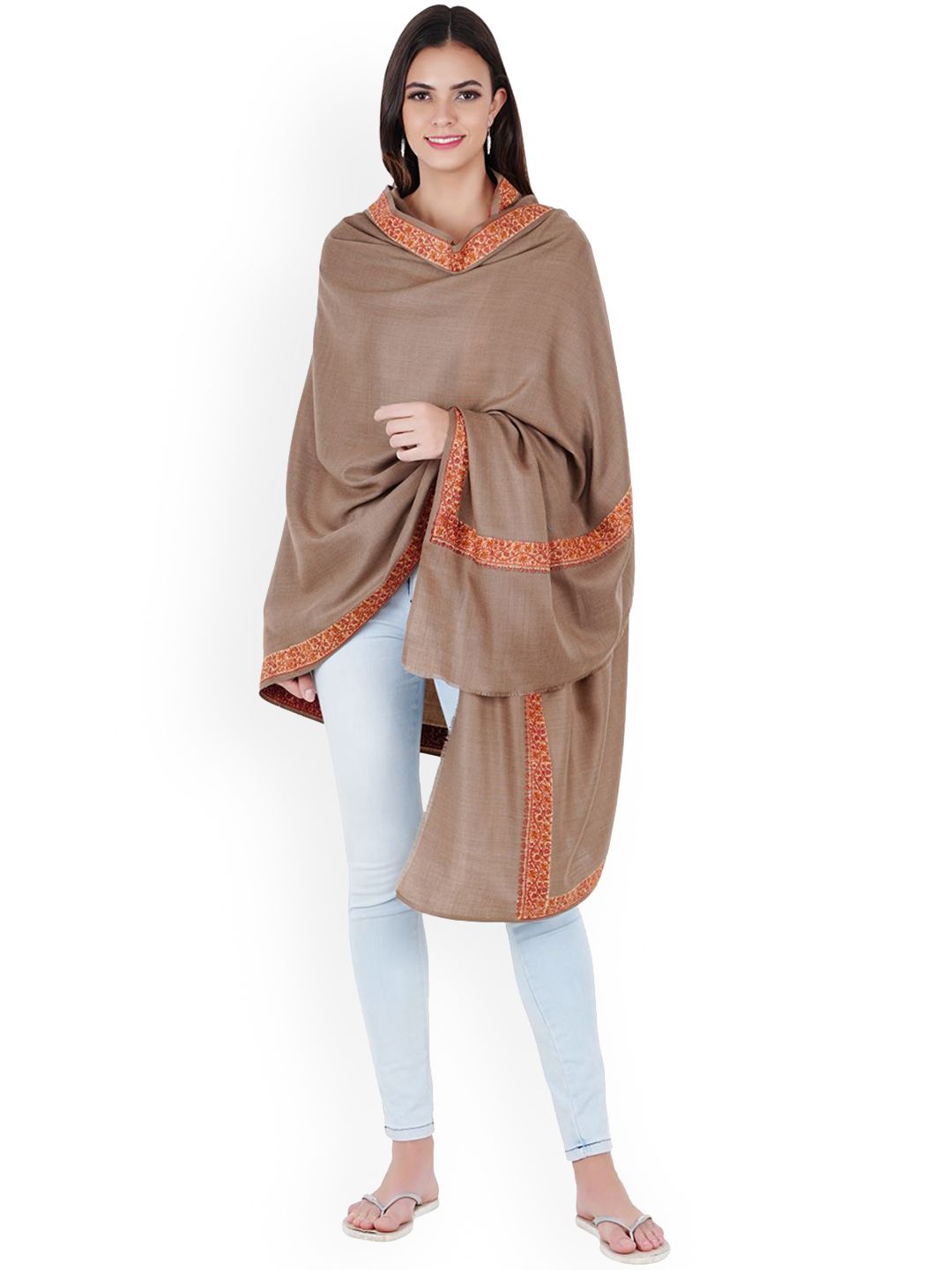 MUFFLY Brown Solid Silky Pashmina Embroidered Wool Shawl With Nalki Border Price in India