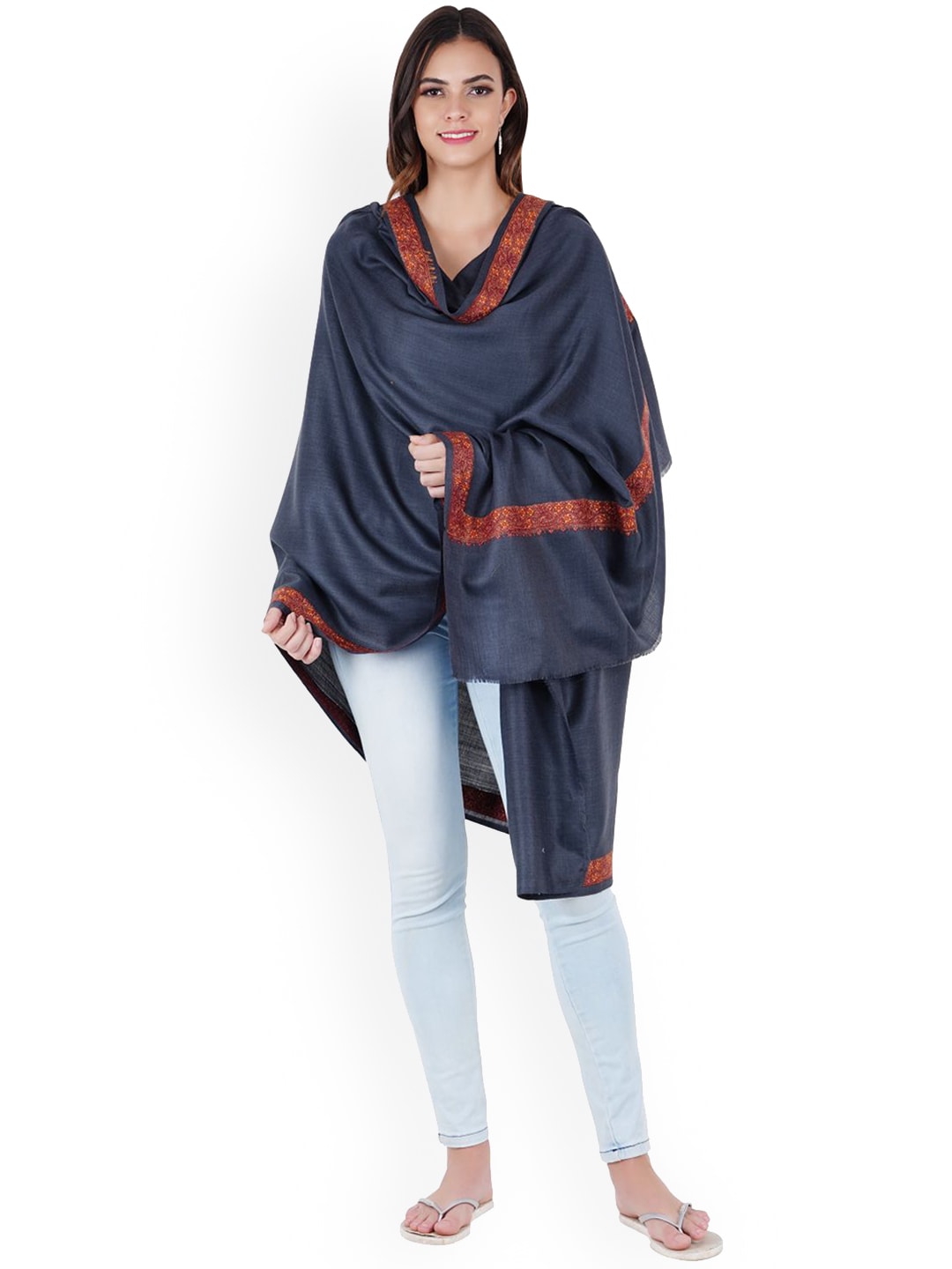 MUFFLY Grey & Red Embroidered Shawl Price in India